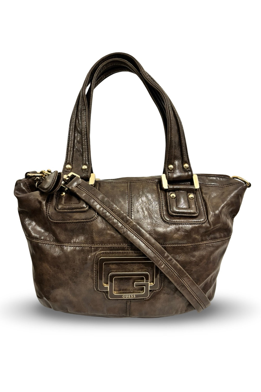 Guess Chocolate Brown Leather PVC XL Vintage Y2K Tote Shoulder Bag