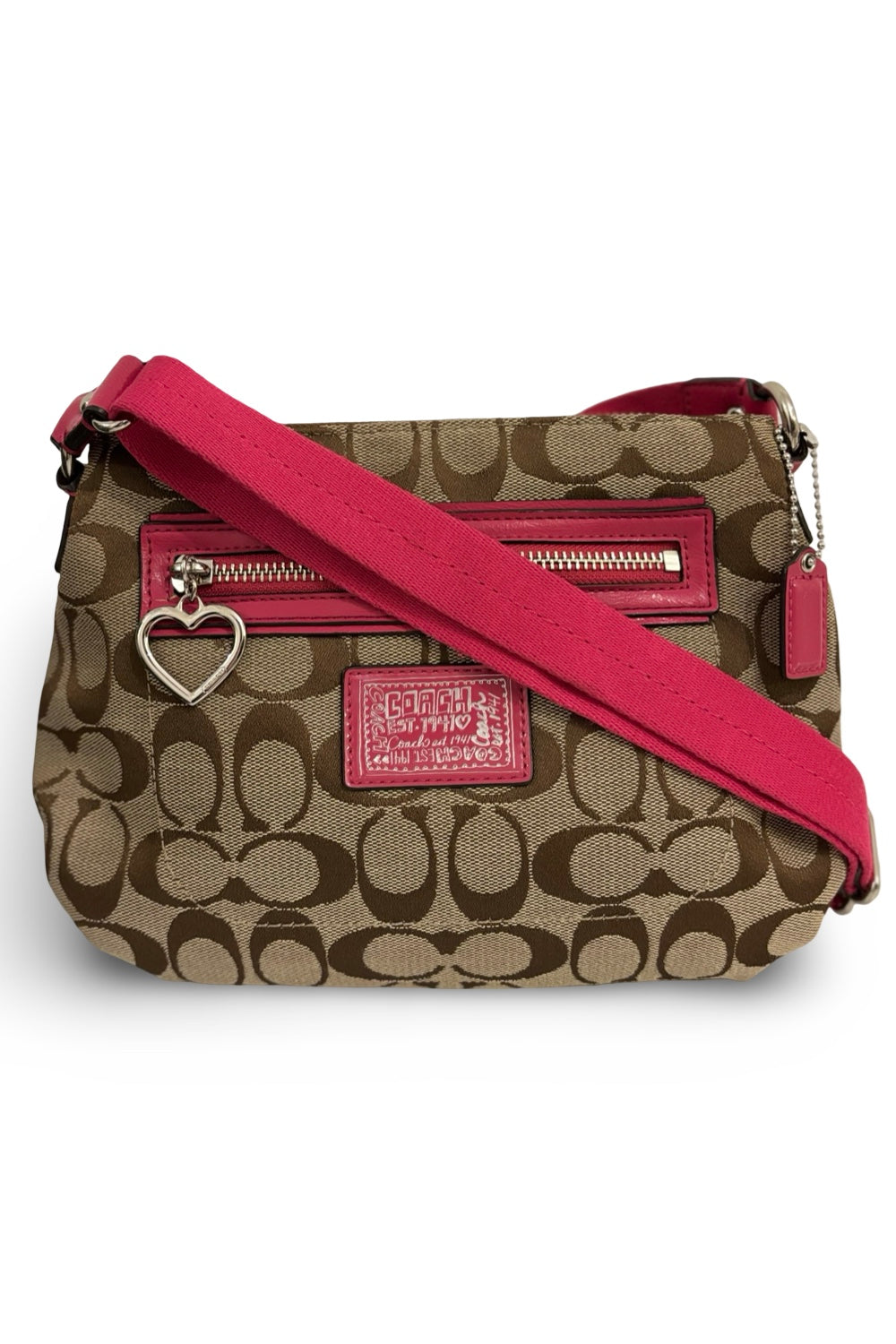 Coach Brown & Pink Signature Canvas Poppy Daisy Vintage Crossbody / Shoulder Bag