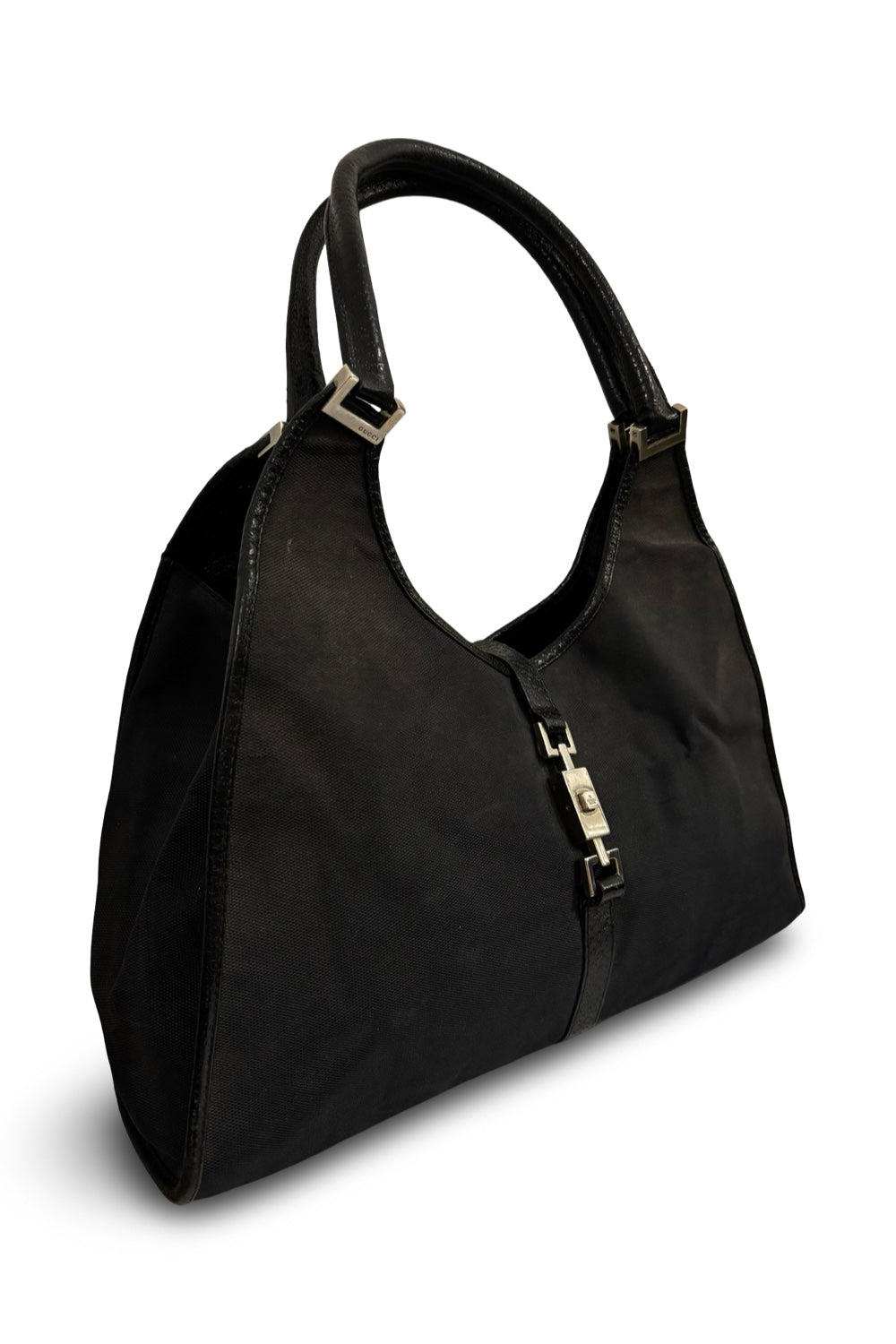 Gucci Jackie 1961 Black Canvas Vintage Bardot  Leather Trim Hobo Shoulder Bag