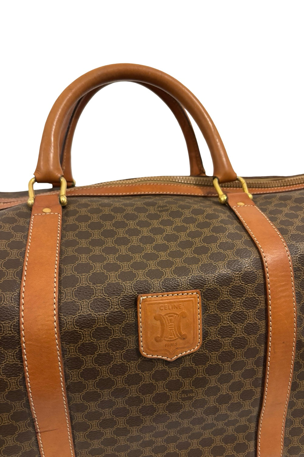 Celine Vintage Brown Macadam Signature Travel Weekender Duffle Boston Tote Bag