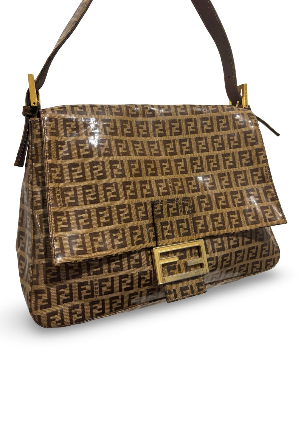 Fendi Brown Signature Mamma Bucket Zucchino Patent Vinyl Baguette Shoulder Bag