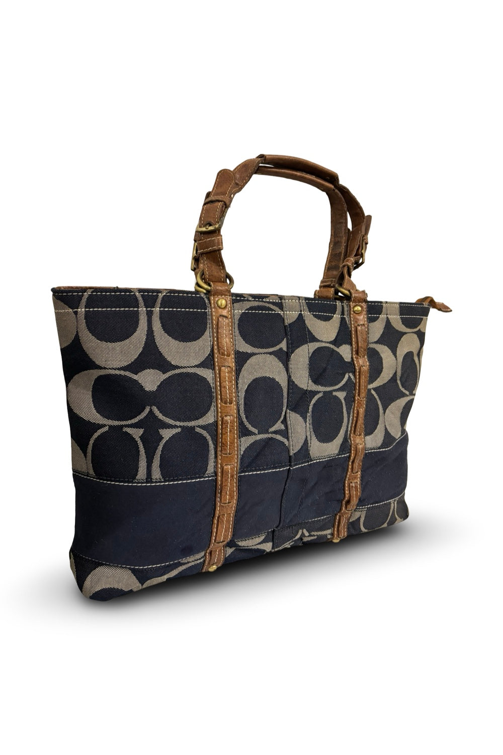 Coach Cargo Blue Denim Signature Monogram Brown Leather Legacy Tote Shoulder Bag