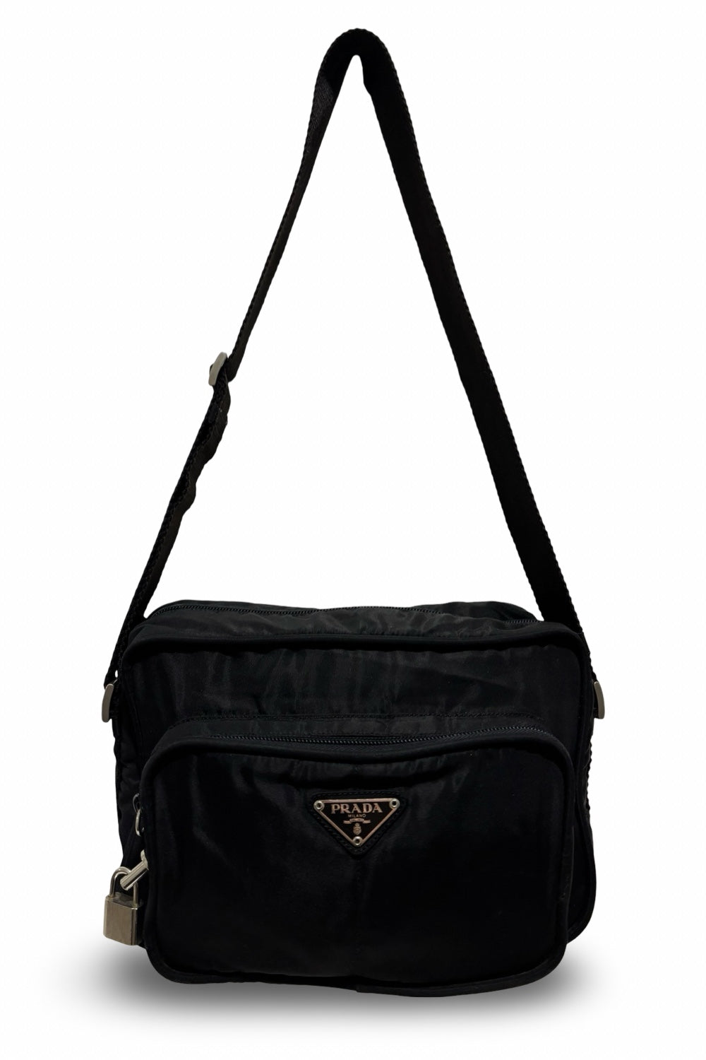 Prada Black Nylon Tessuto Vintage Silver Hardware  Padlock Crossbody / Shoulder Bag