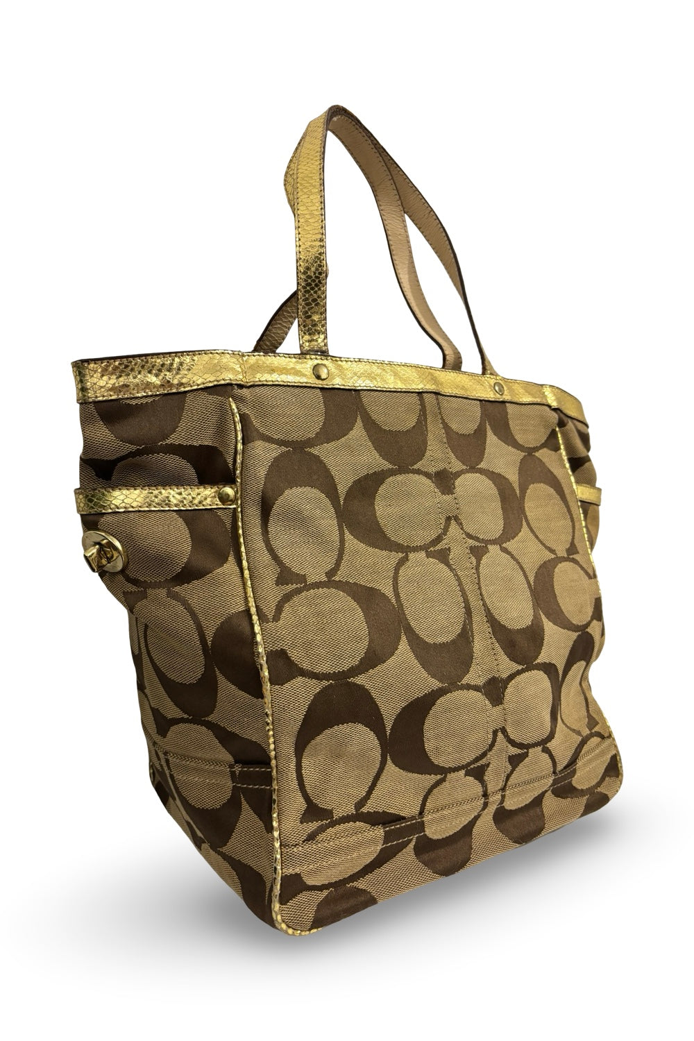Coach Brown & Gold Signature Snake Embossed  Leather Tote Shoulder Bag