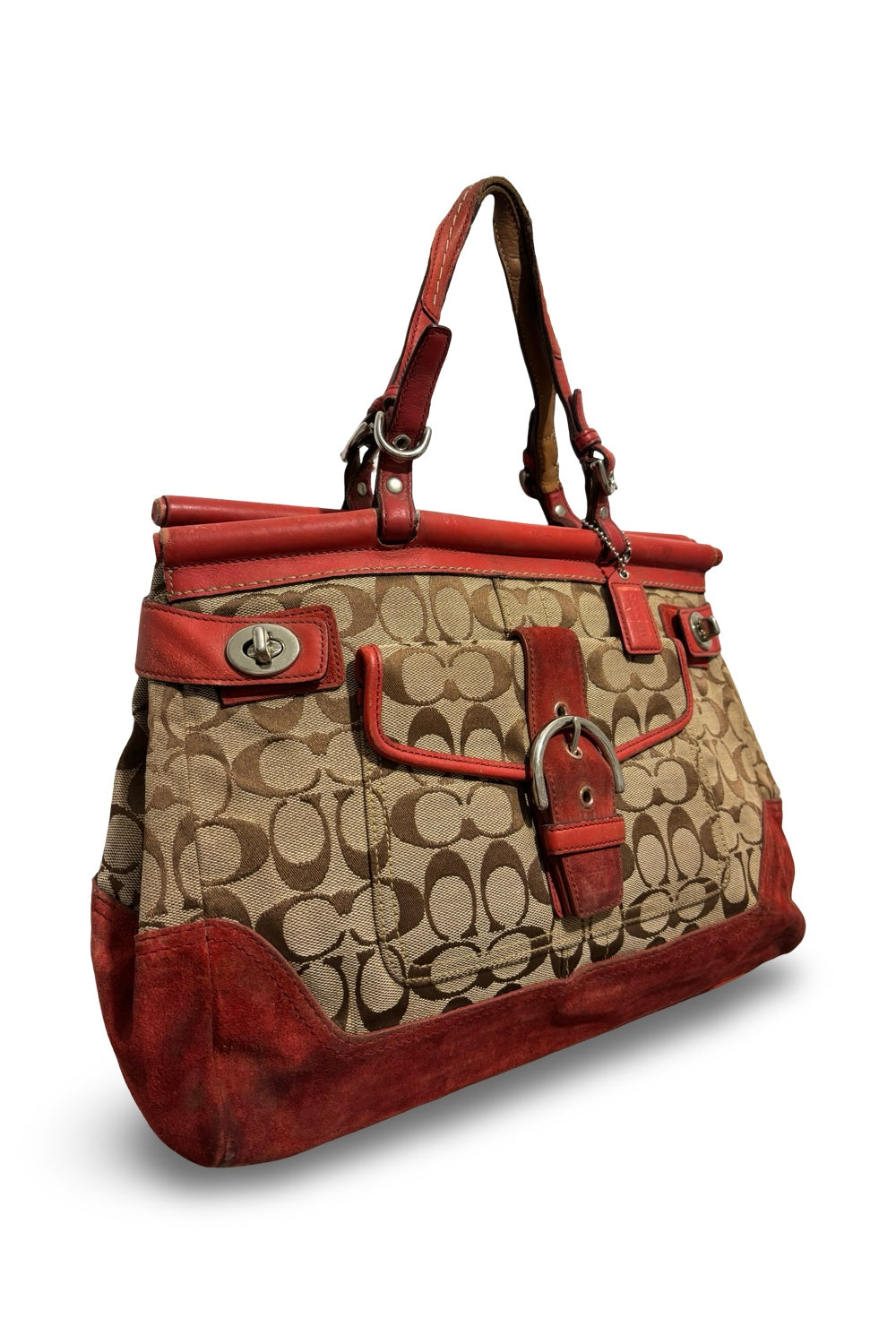 Coach Vintage 2000’s Hampton Brown & Red Signature Canvas Suede & Leather Shoulder Bag