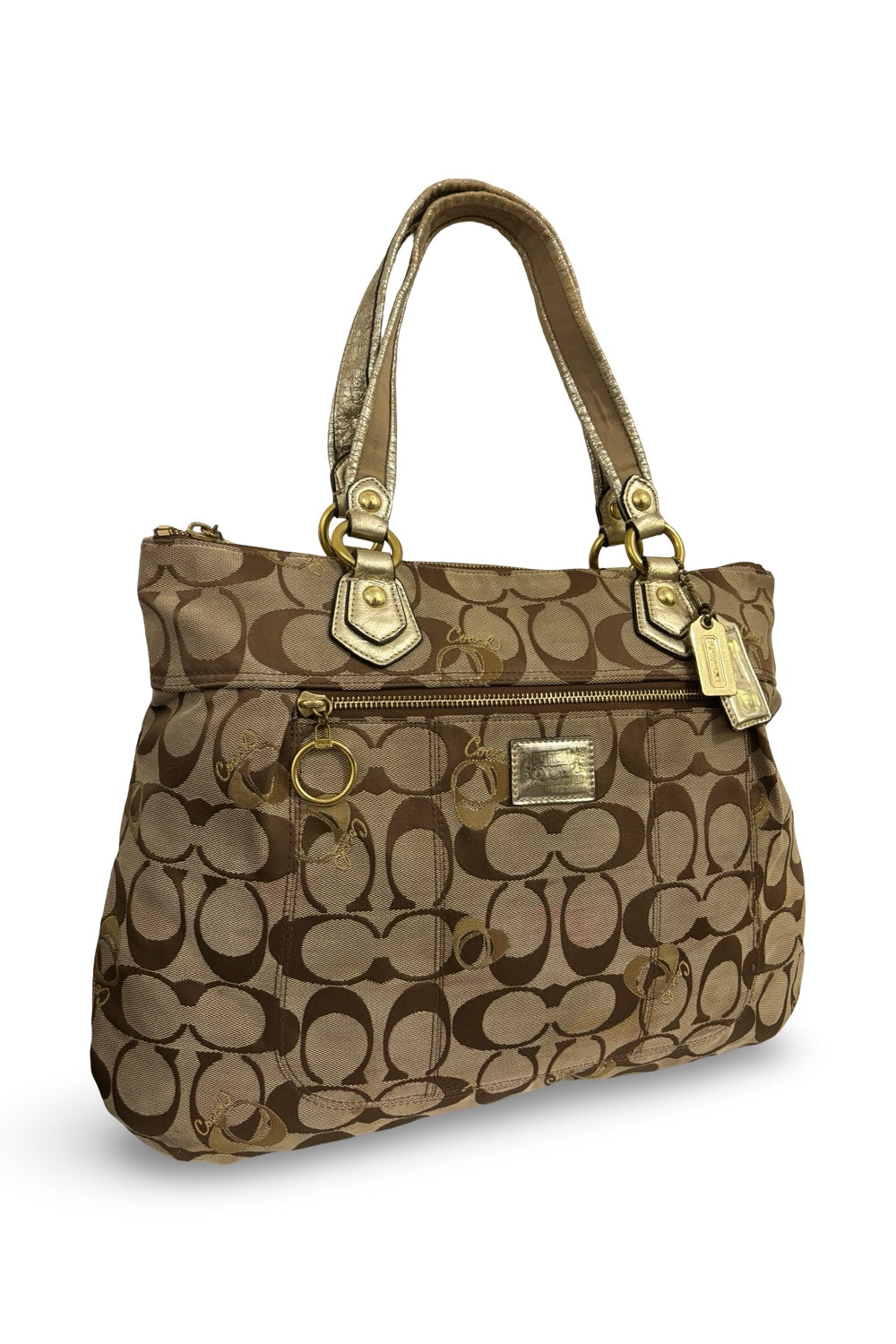 Coach Poppy Brown & Gold Hearts Signature Canvas & Leather Vintage Shoulder Bag