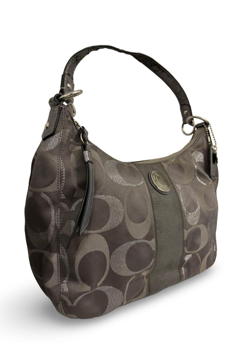 Coach Grey / Silver Sparkle Signature Canvas Satin & Metallic Leather Shoulder Bag