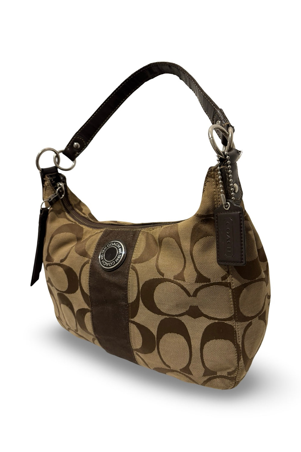 Coach Demi Signature Brown Khaki Canvas & Patent Leather Vintage Shoulder Bag