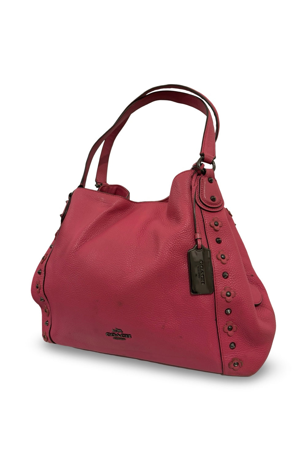 Share Coach Pink Fuscia Edie Floral Studded Flower Soft Leather Large Shoulder Bag
