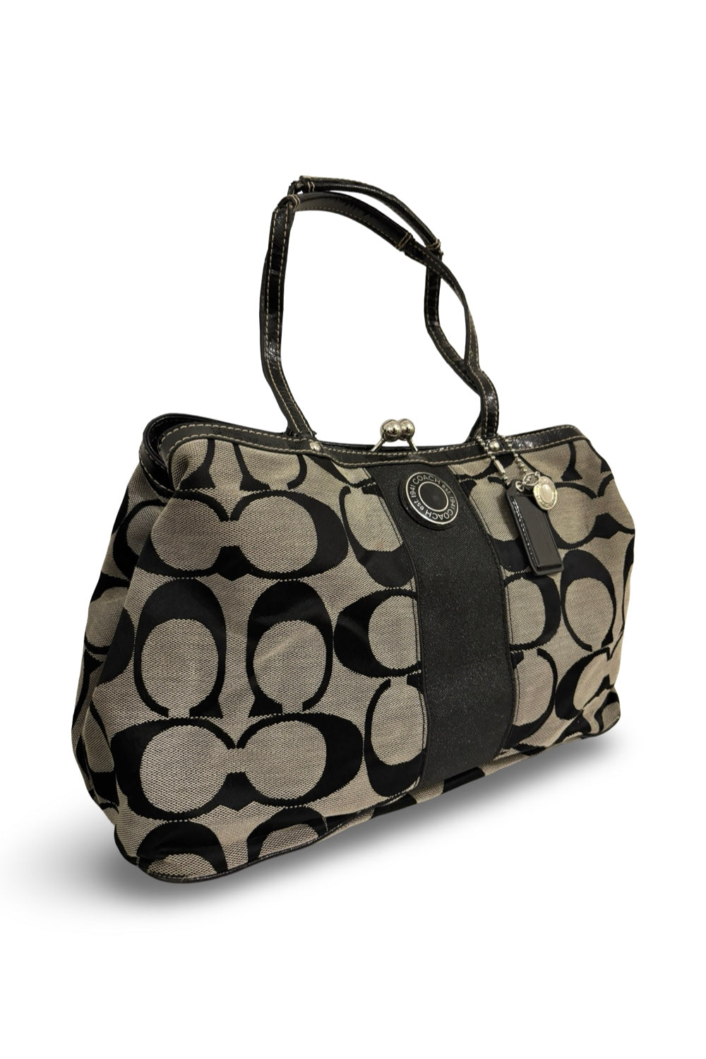 Coach Hampton Black & Grey Signature Canvas & Patent Leather Kiss lock Shoulder Bag