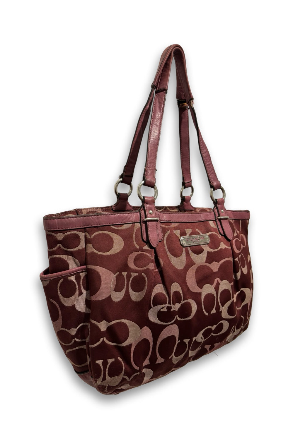 Coach Rare Pink / Burgundy Gallery Tote Signature  Canvas & Leather Vintage Shoulder Bag