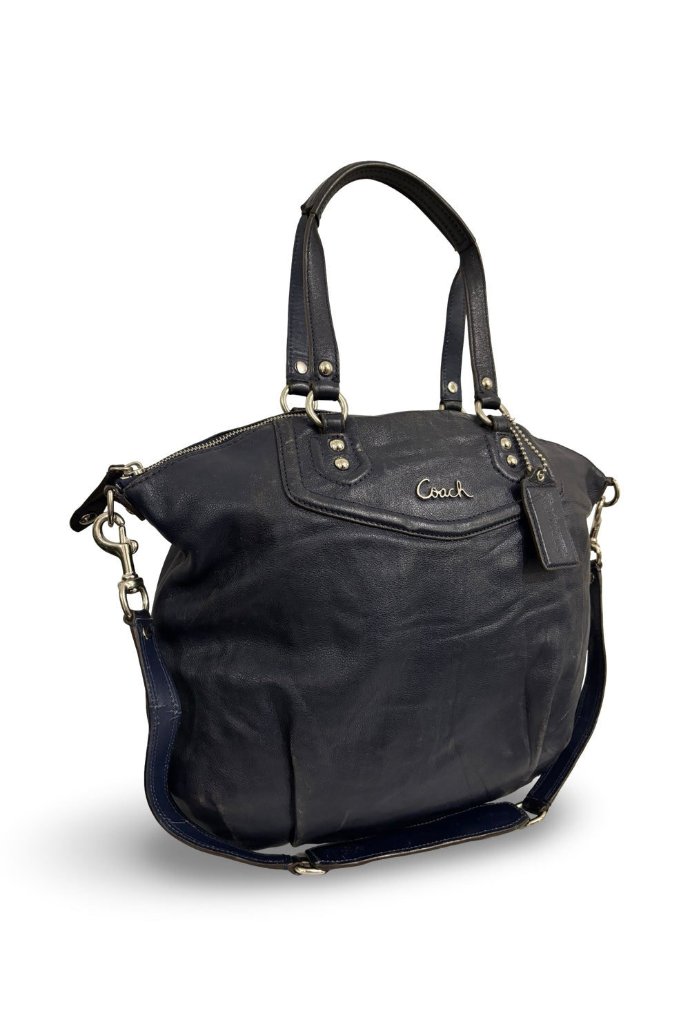 Coach Midnight Blue Navy Leather Ashley Pleated Vintage Large Tote Shoulder Bag