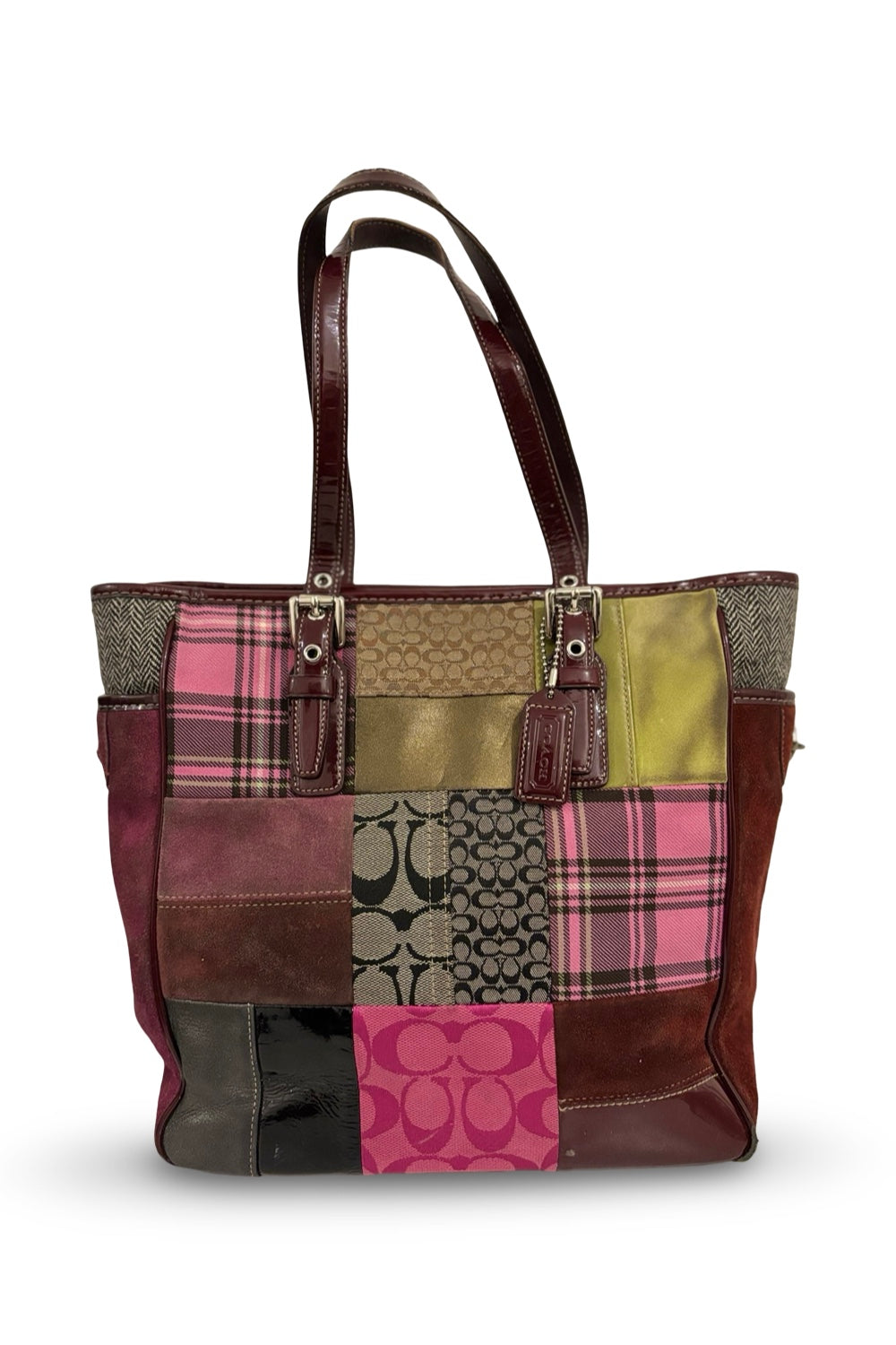 Coach Brown Pink Plaid Patchwork Multicoloured Canvas Suede Leather Vintage Bag
