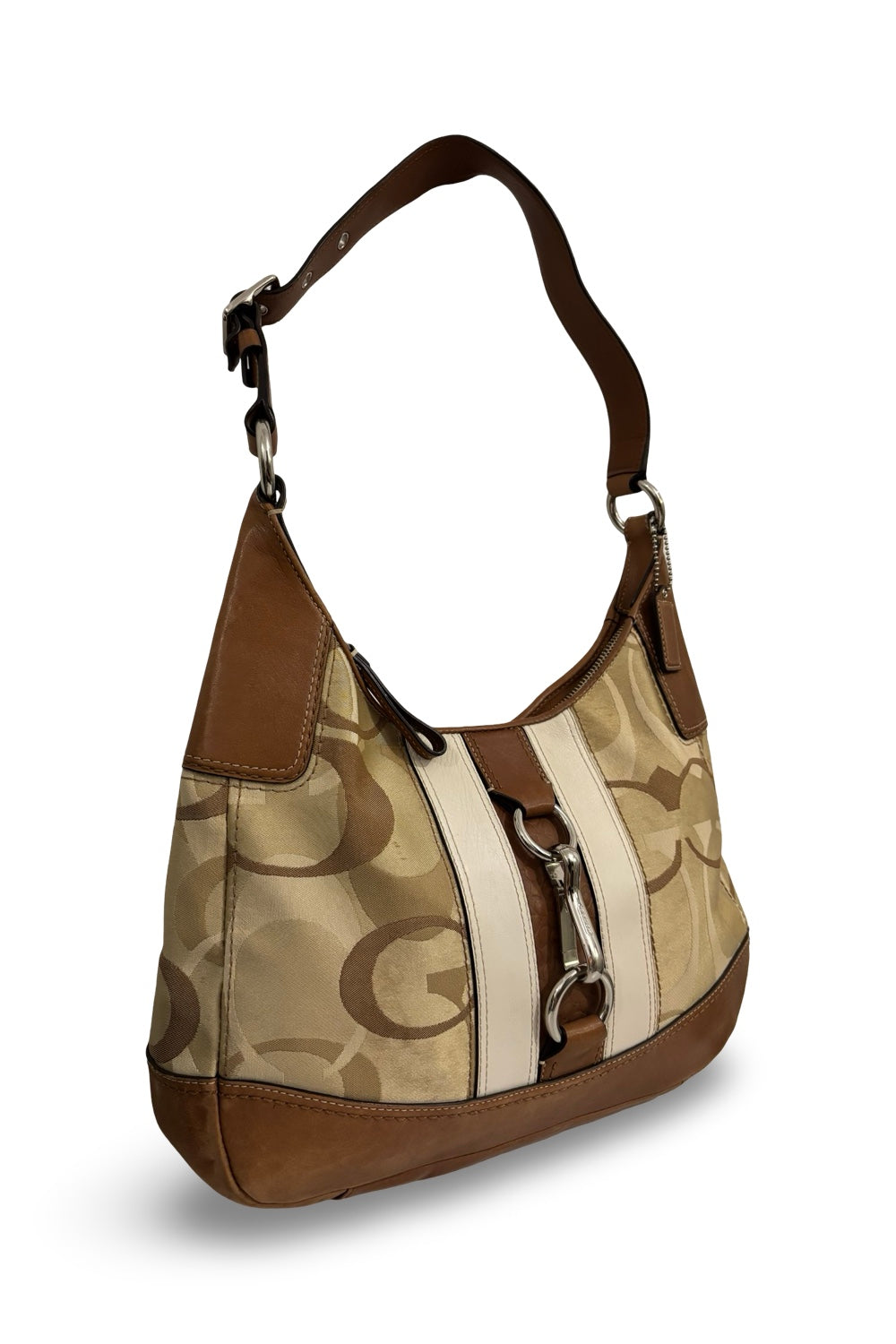 Coach Vintage Brown Signature Hampton Canvas Satin & Leather Hobo Shoulder Bag