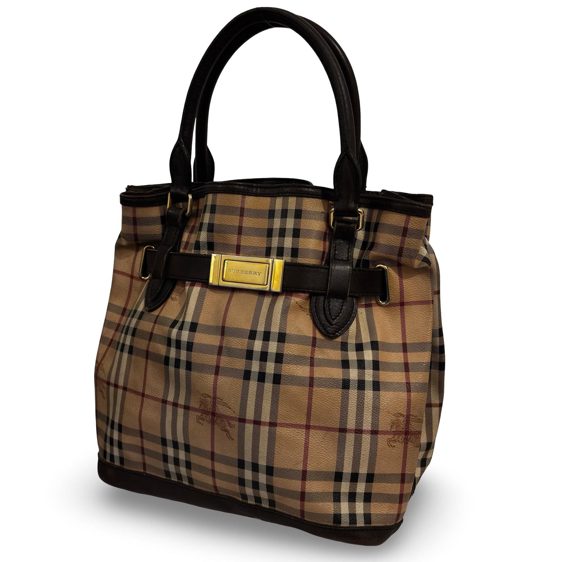Burberry Brown & Beige Haymarket Golderton Check / Plaid Tote Vintage Shoulder Bag