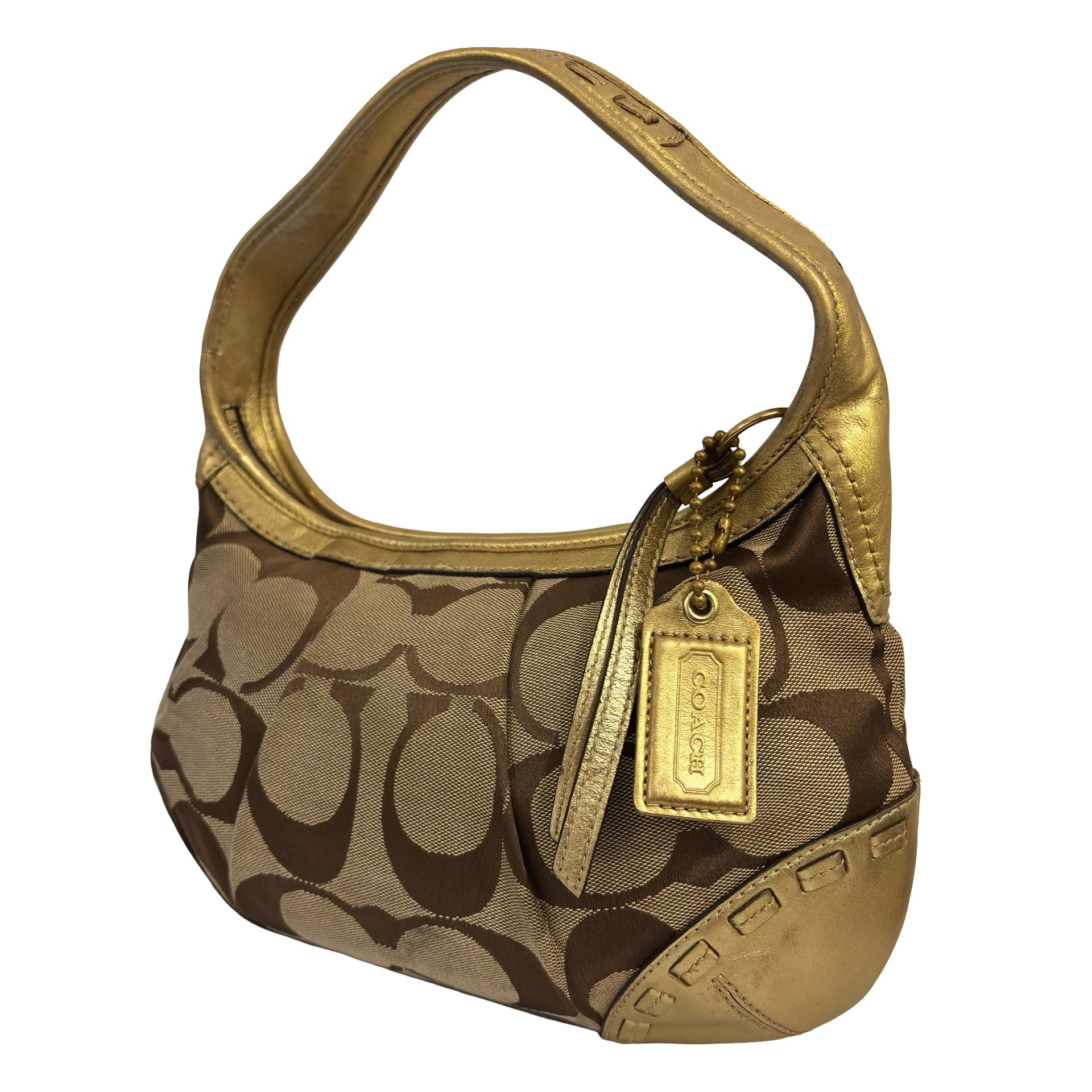 Coach Signature Brown & Gold Metallic Vintage Ergo Pleated Vintage Hobo Shoulder Bag