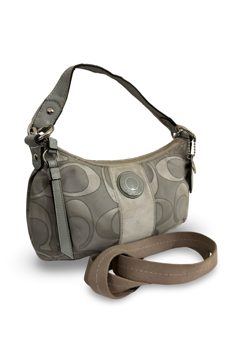 Coach Grey Silver Demi Signature Stripe Sateen Vintage Shoulder Bag / Crossbody