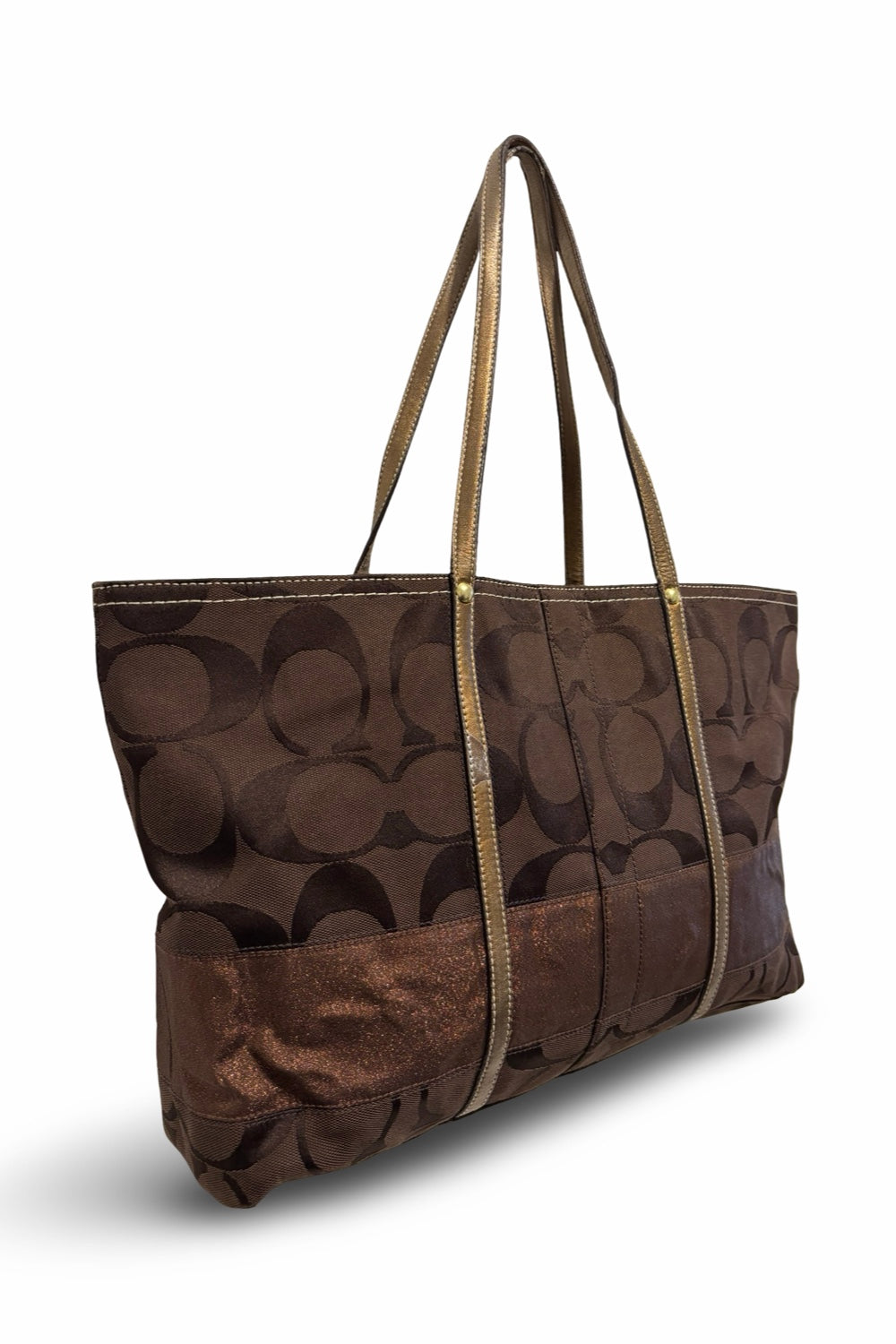 Coach Brown Signature Stripe Canvas & Leather  Metallic Tote Shoulder Bag