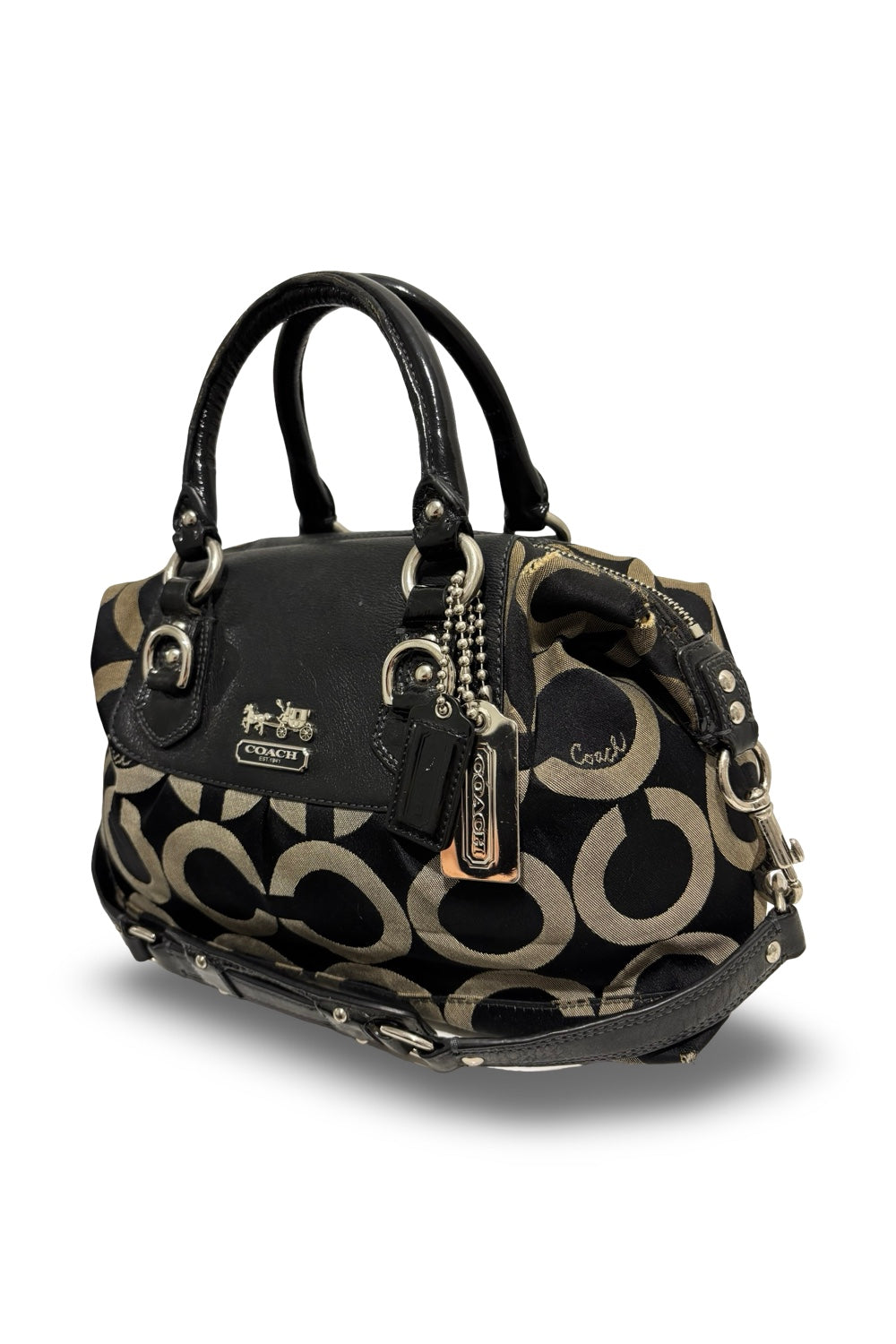 Coach Black & Grey Madison Signature Canvas & Leather Sabrina Satchel Handbag / Shoulder Bag