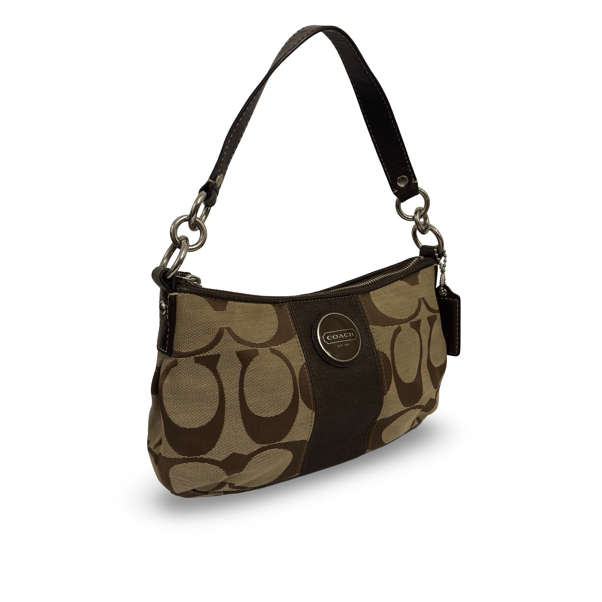 Coach 'Demi' Signature Stripe Brown Pochette Canvas & Leather Vintage Shoulder Bag