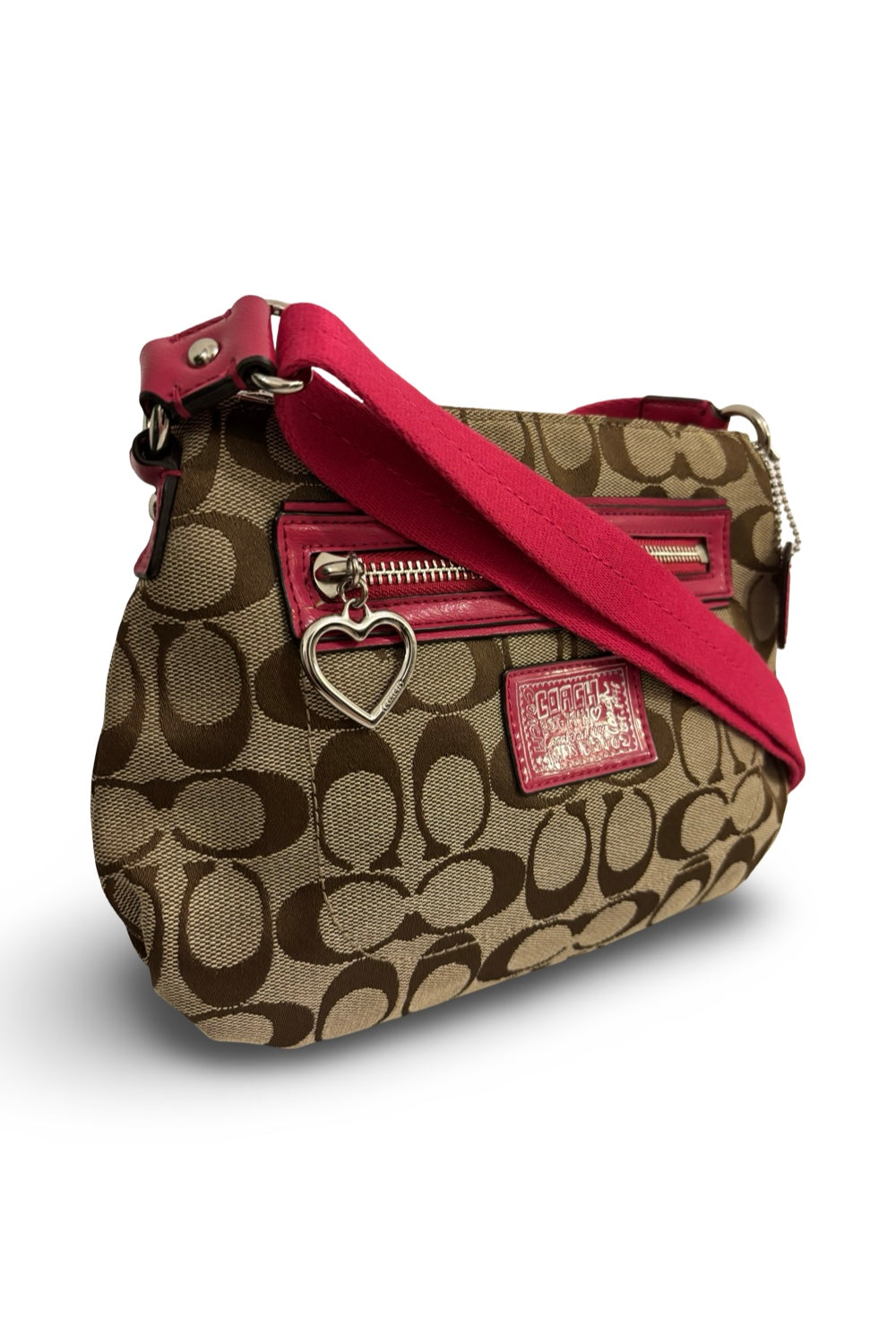 Coach Brown & Pink Signature Canvas Poppy Daisy Vintage Crossbody / Shoulder Bag