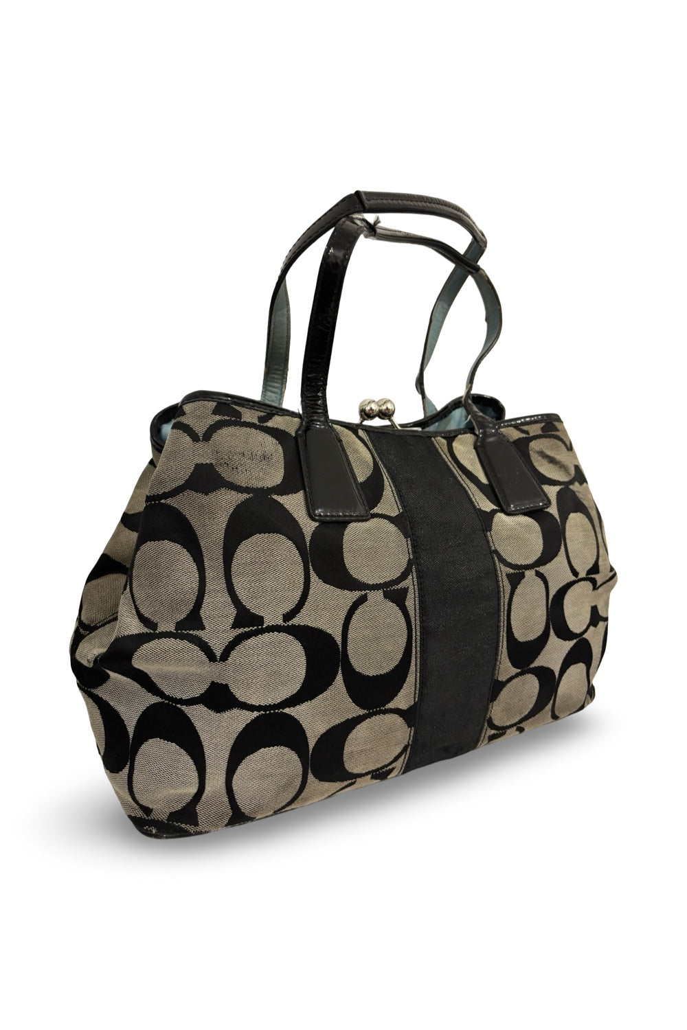Coach Black & Grey Signature Kiss lock Canvas & Patent Leather Shoulder Bag