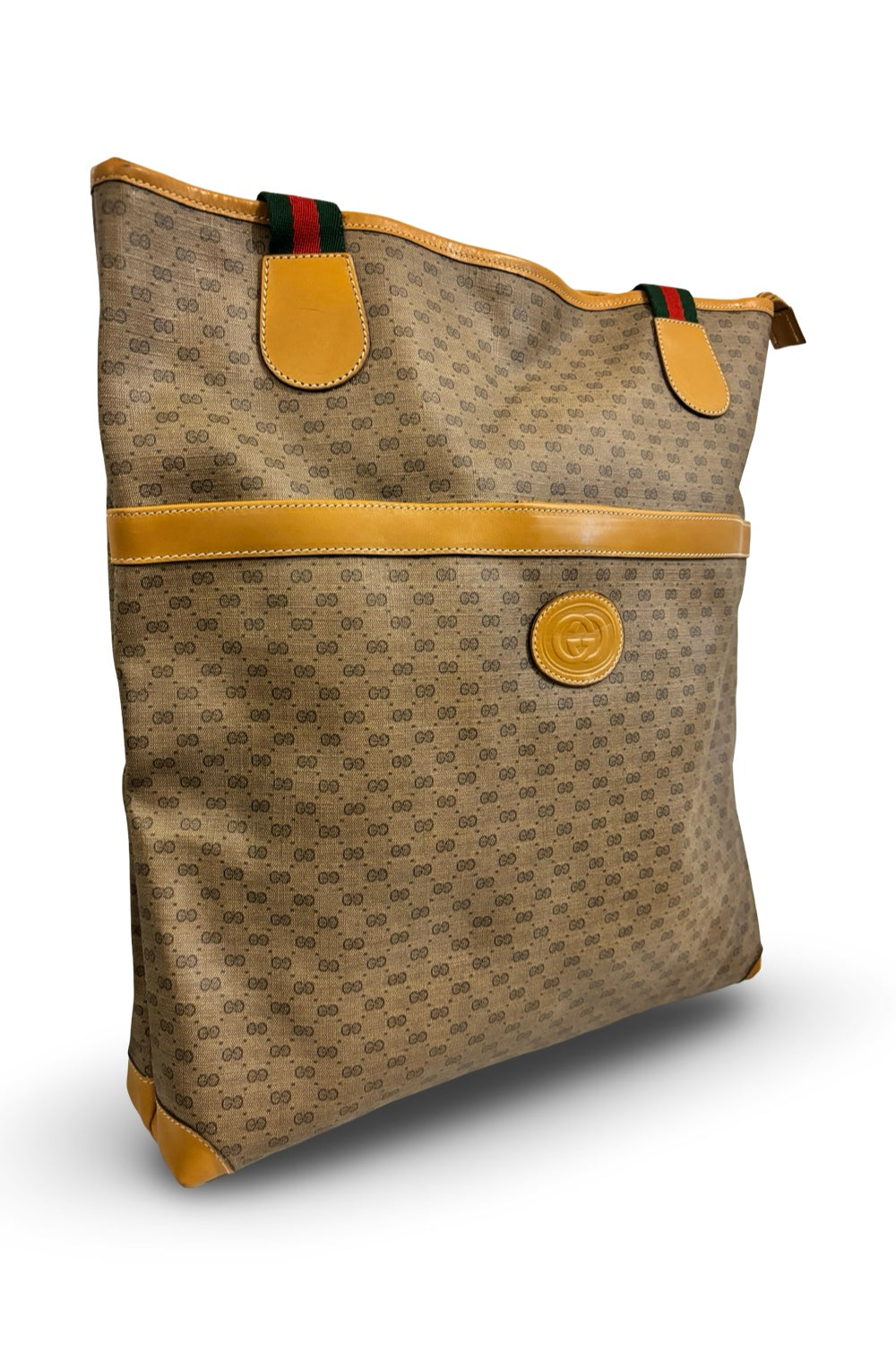 Gucci Vintage Micro GG Supreme Web Sherry Line Brown Beige Canvas & Leather Tote Shoulder Bag