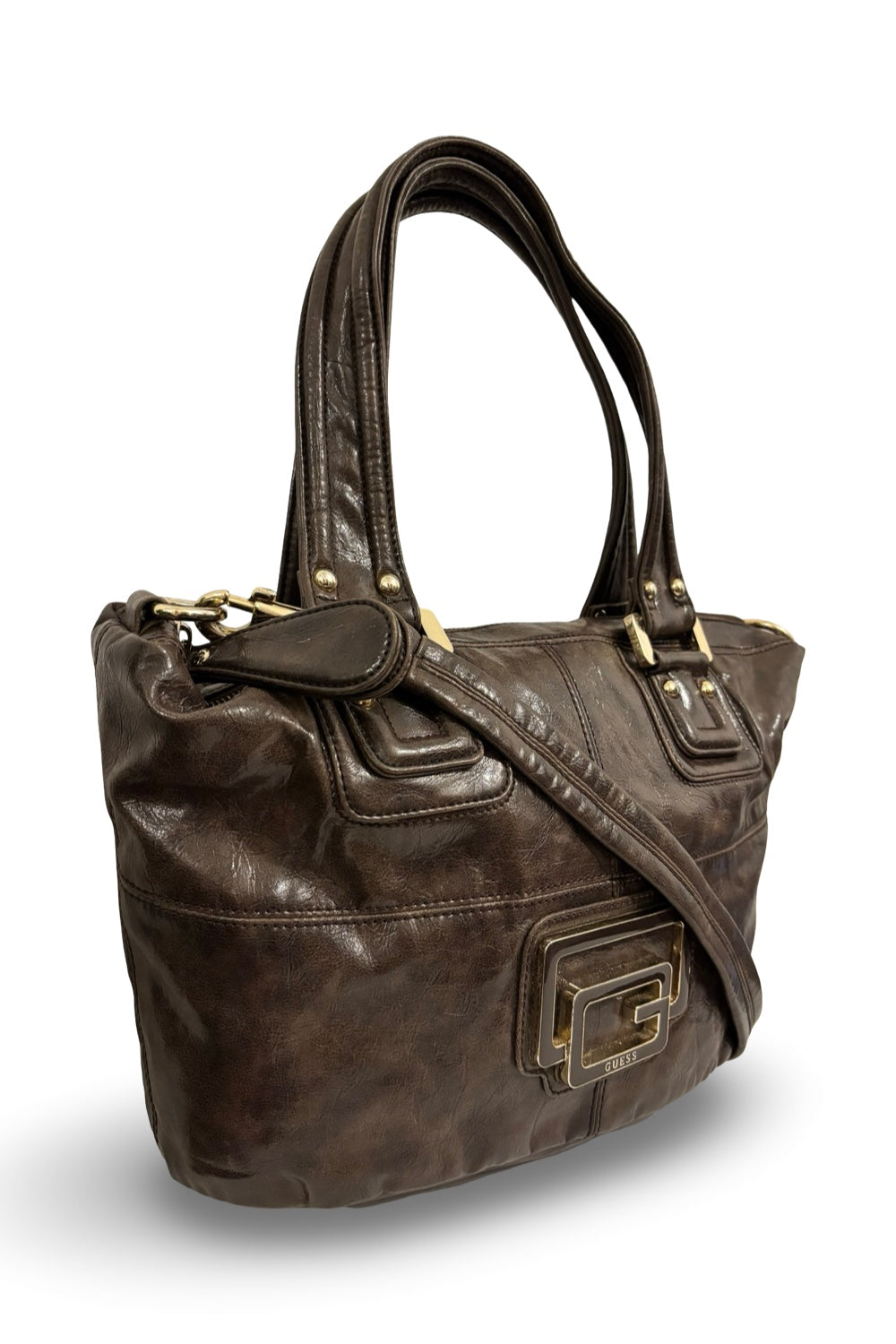 Guess Chocolate Brown Leather PVC XL Vintage Y2K Tote Shoulder Bag