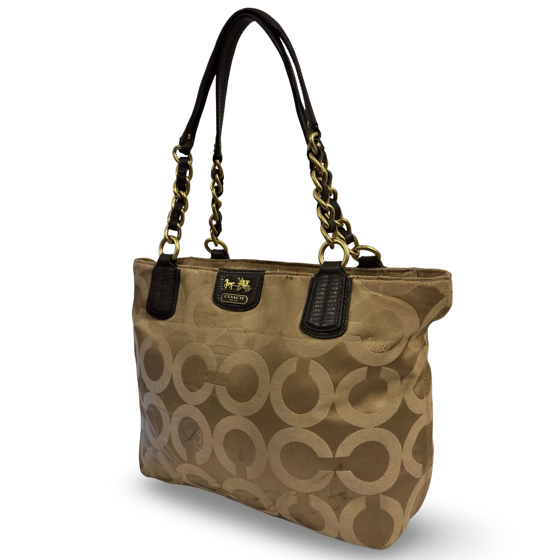 Coach Brown / Beige Madison OP Art Sateen Canvas & Leather Vintage Tote Shoulder Bag