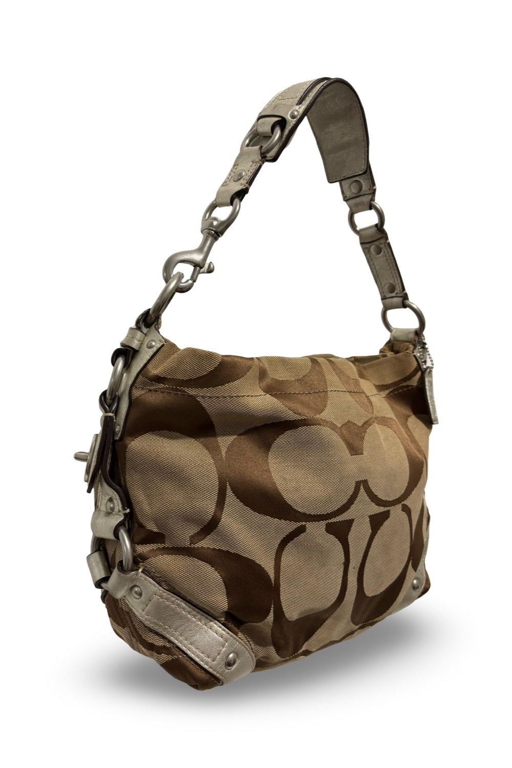 Coach Brown & Silver Metallic Canvas / Leather Carly Vintage Shoulder Bag