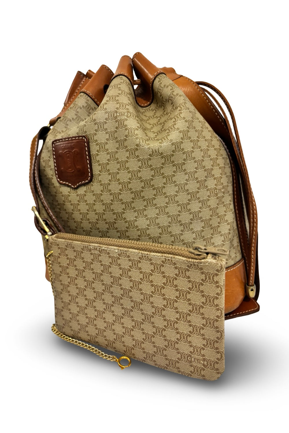 Celine Macadam Canvas & Leather Brown Tan  Bucket Shoulder Bag & Pouch