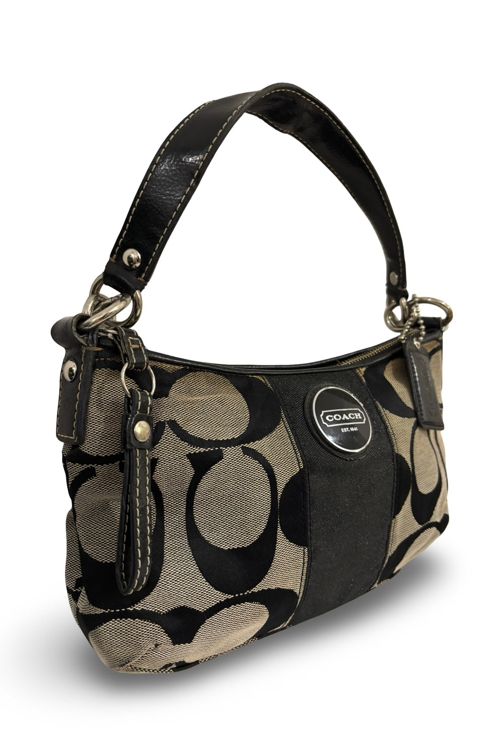Coach Black & Grey Signature Stripe Sufflette Demi Baguette Vintage Shoulder Bag
