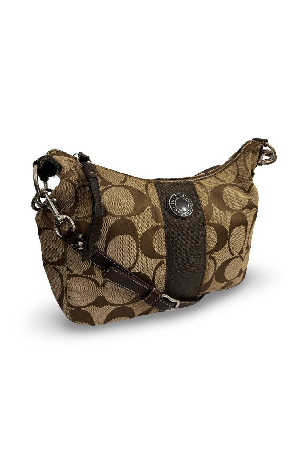 Coach Brown Signature Stripe Demi Canvas & Leather Vintage Crossbody / Shoulder