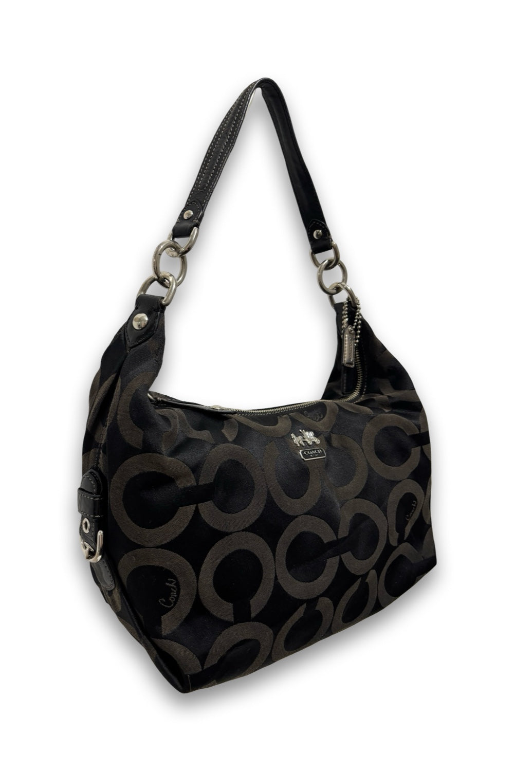 Coach Black Signature Madison OP Art Sateen & Leather Hailey Hobo Shoulder Bag