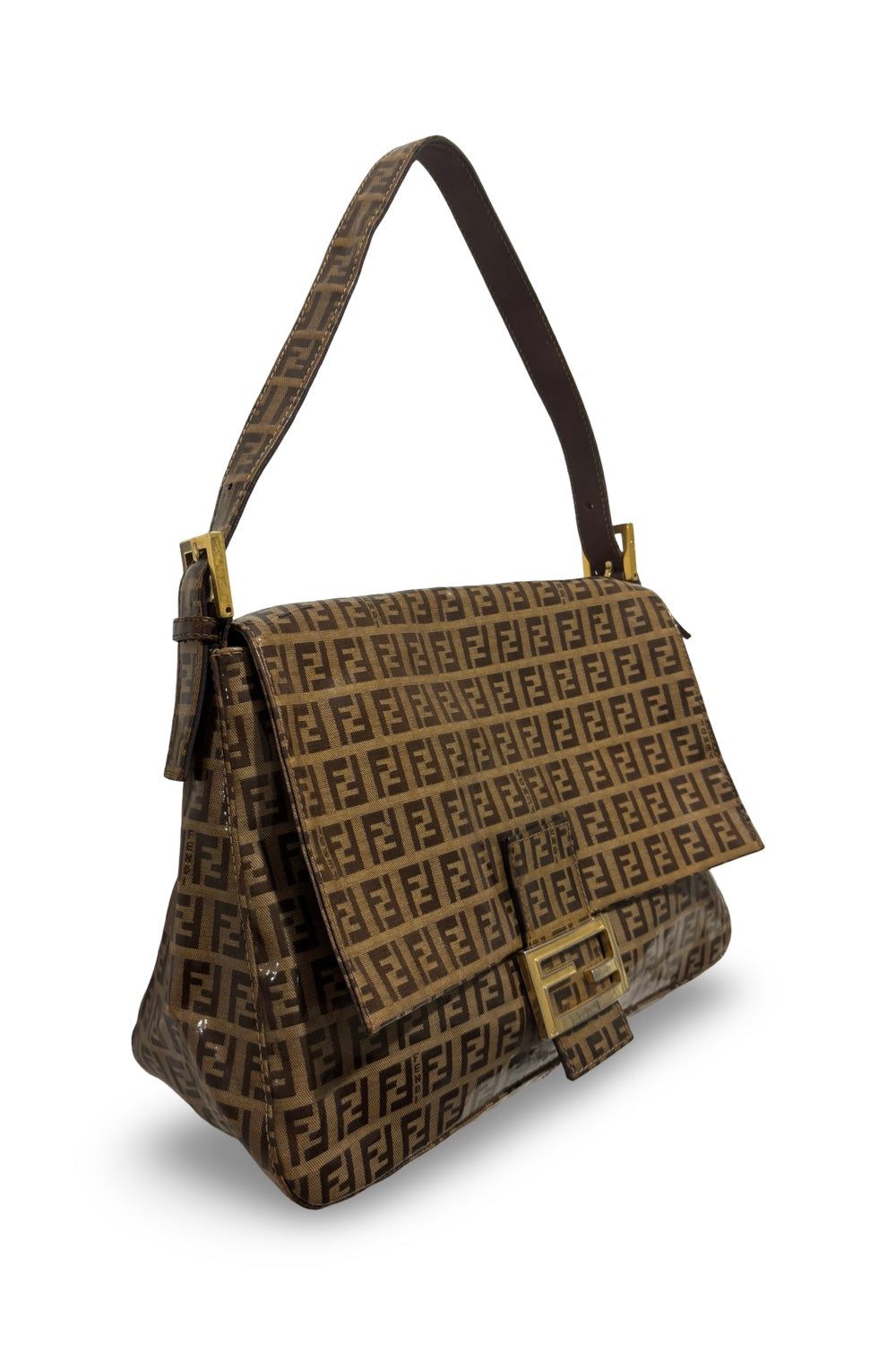 Fendi Brown Signature Mamma Bucket Zucchino Patent Vinyl Baguette Shoulder Bag