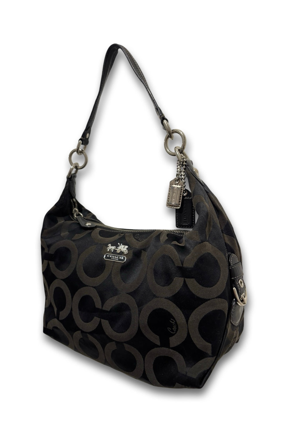 Coach Black Signature Madison OP Art Sateen & Leather Hailey Hobo Shoulder Bag