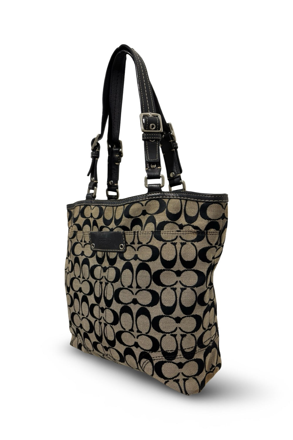 Coach Black & Grey Hamptons Vintage Canvas & Leather Signature Tote Shoulder Bag