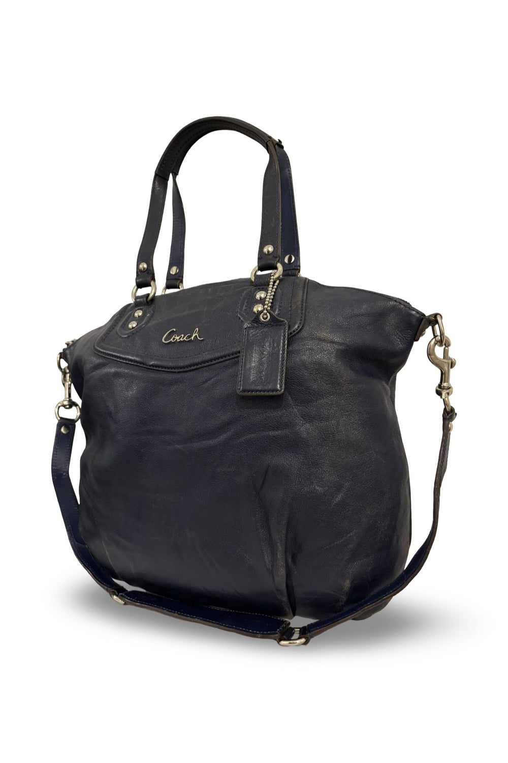 Coach Midnight Blue Navy Leather Ashley Pleated Vintage Large Tote Shoulder Bag
