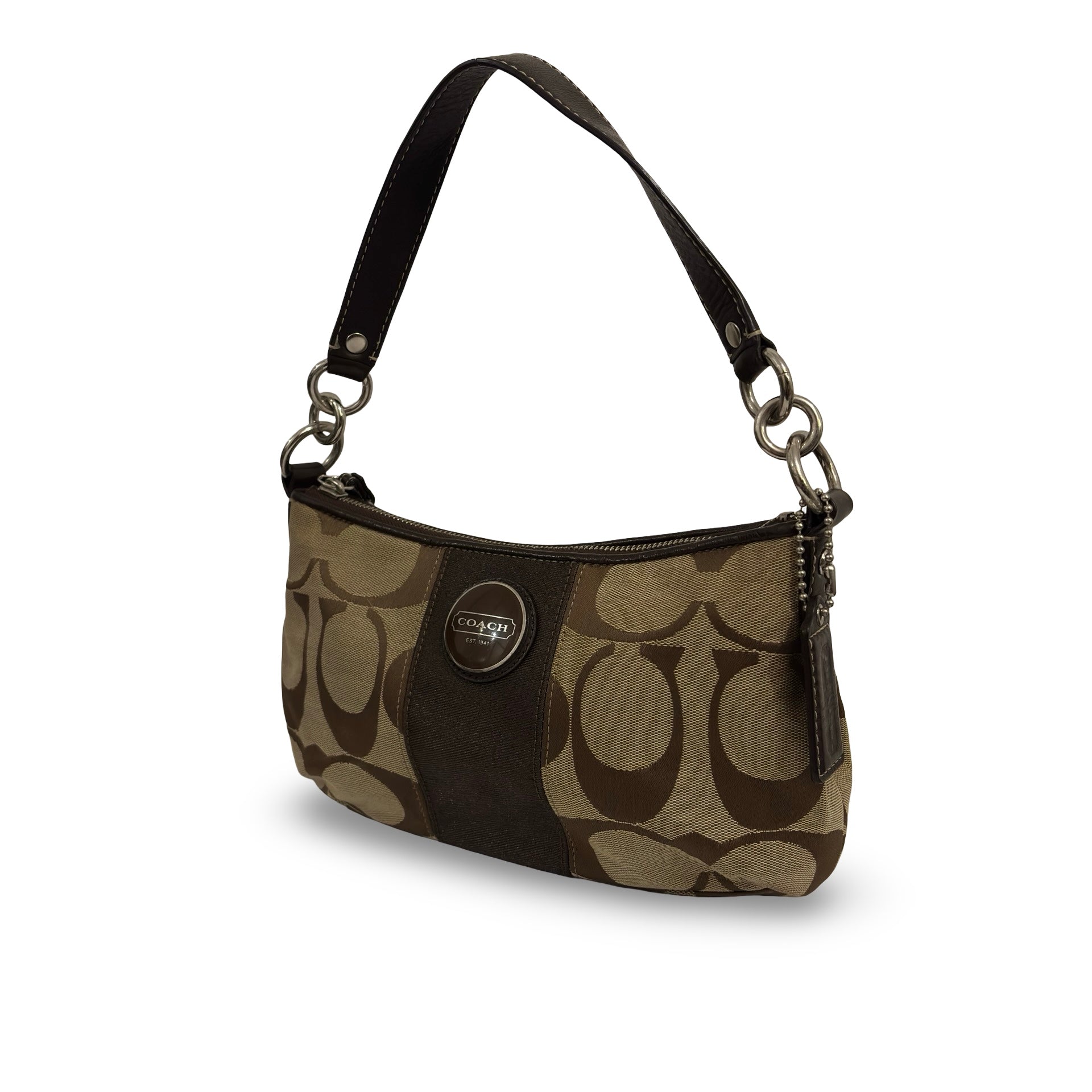 Coach 'Demi' Signature Stripe Brown Pochette Canvas & Leather Vintage Shoulder Bag