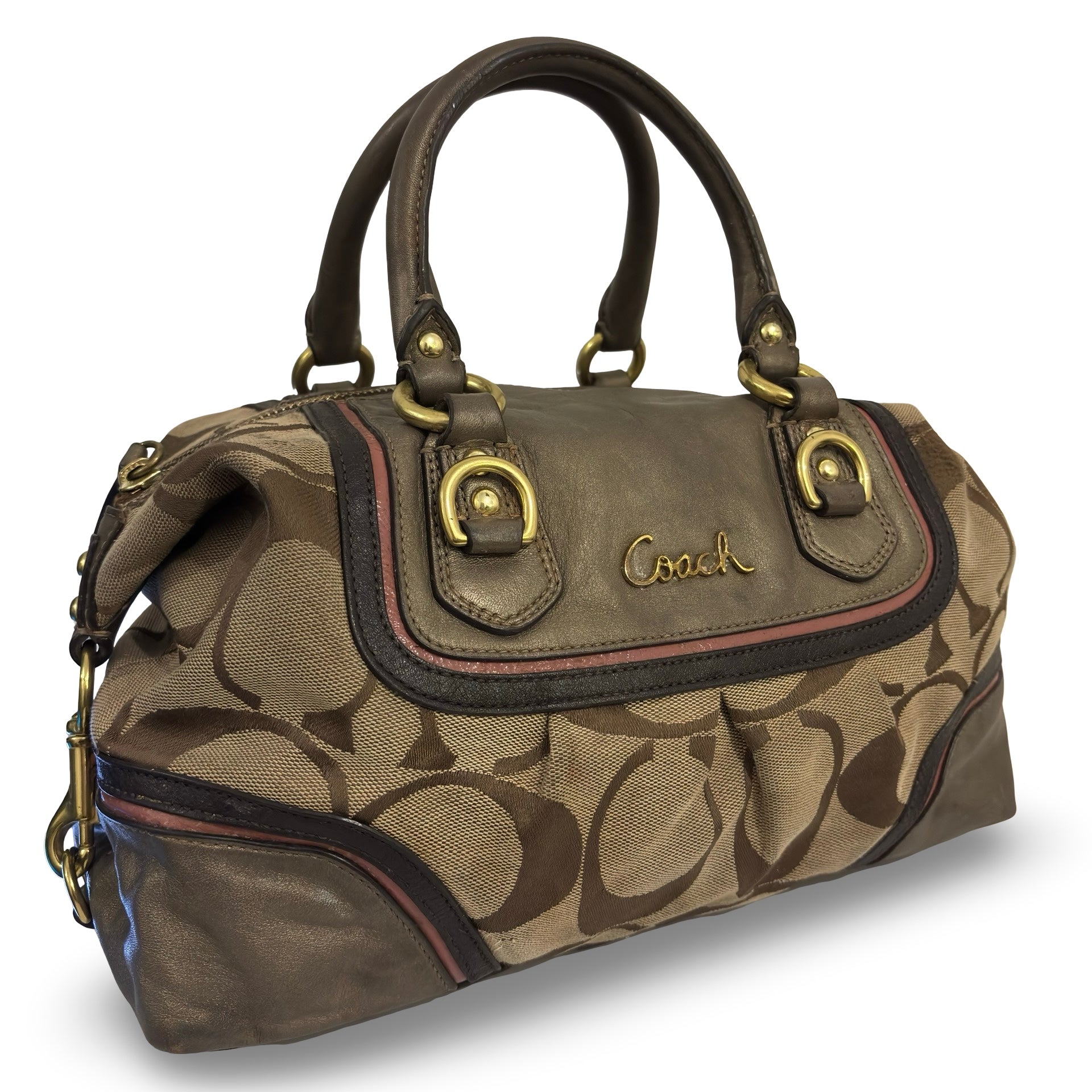 Coach Brown Ashley Signature Metallic Canvas & Leather Vintage Satchel Handbag