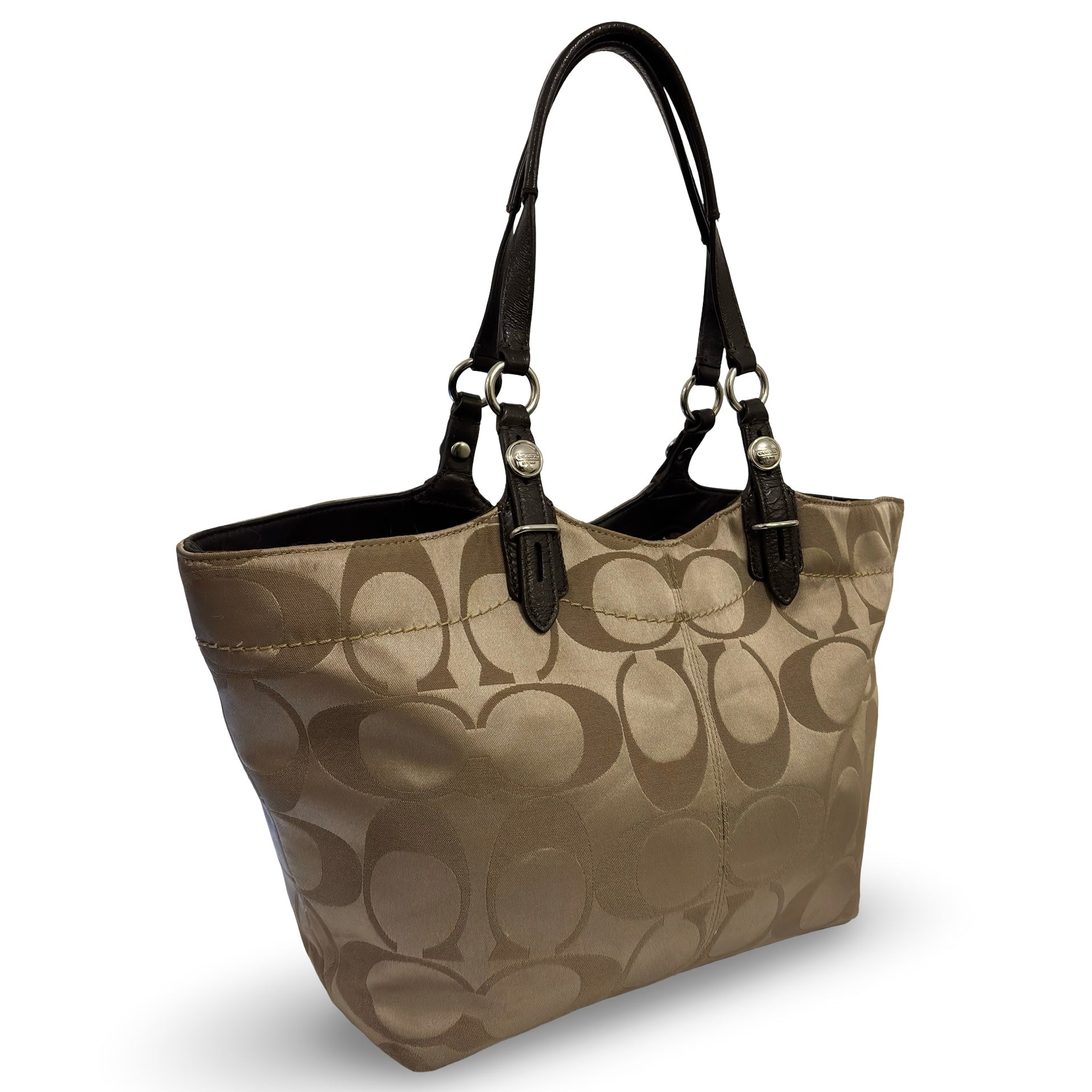 Coach Brown / Beige Signature Sateen Canvas & Leather Khaki Vintage Tote Shoulder Bag