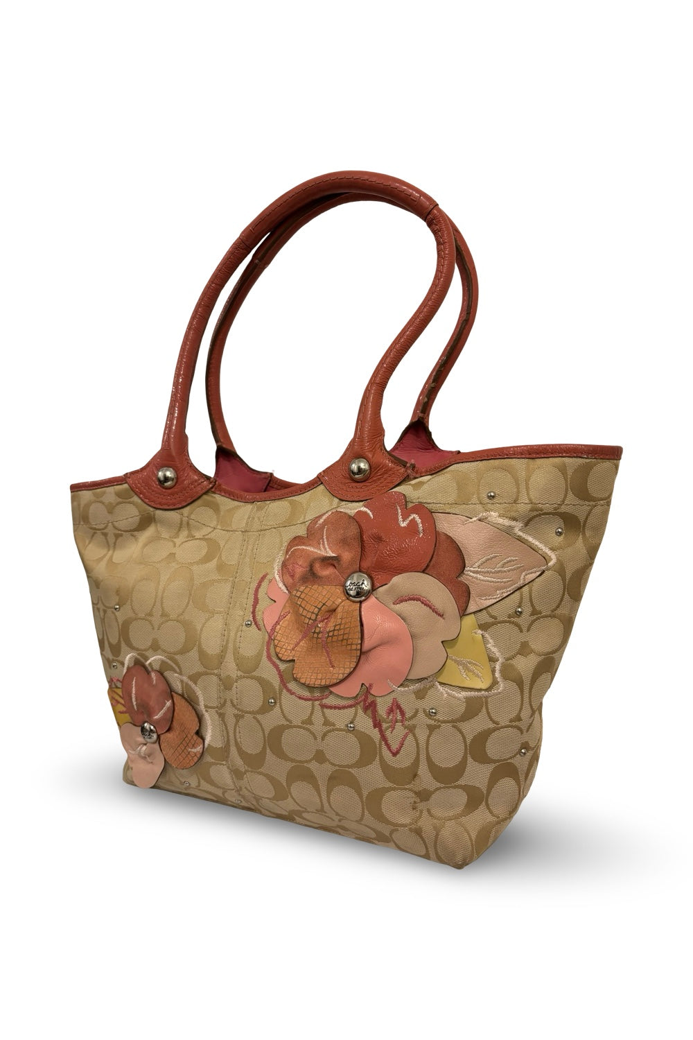 Coach Brown & Pink Bleeker Floral Signature Vintage Flower Tote Shoulder Bag