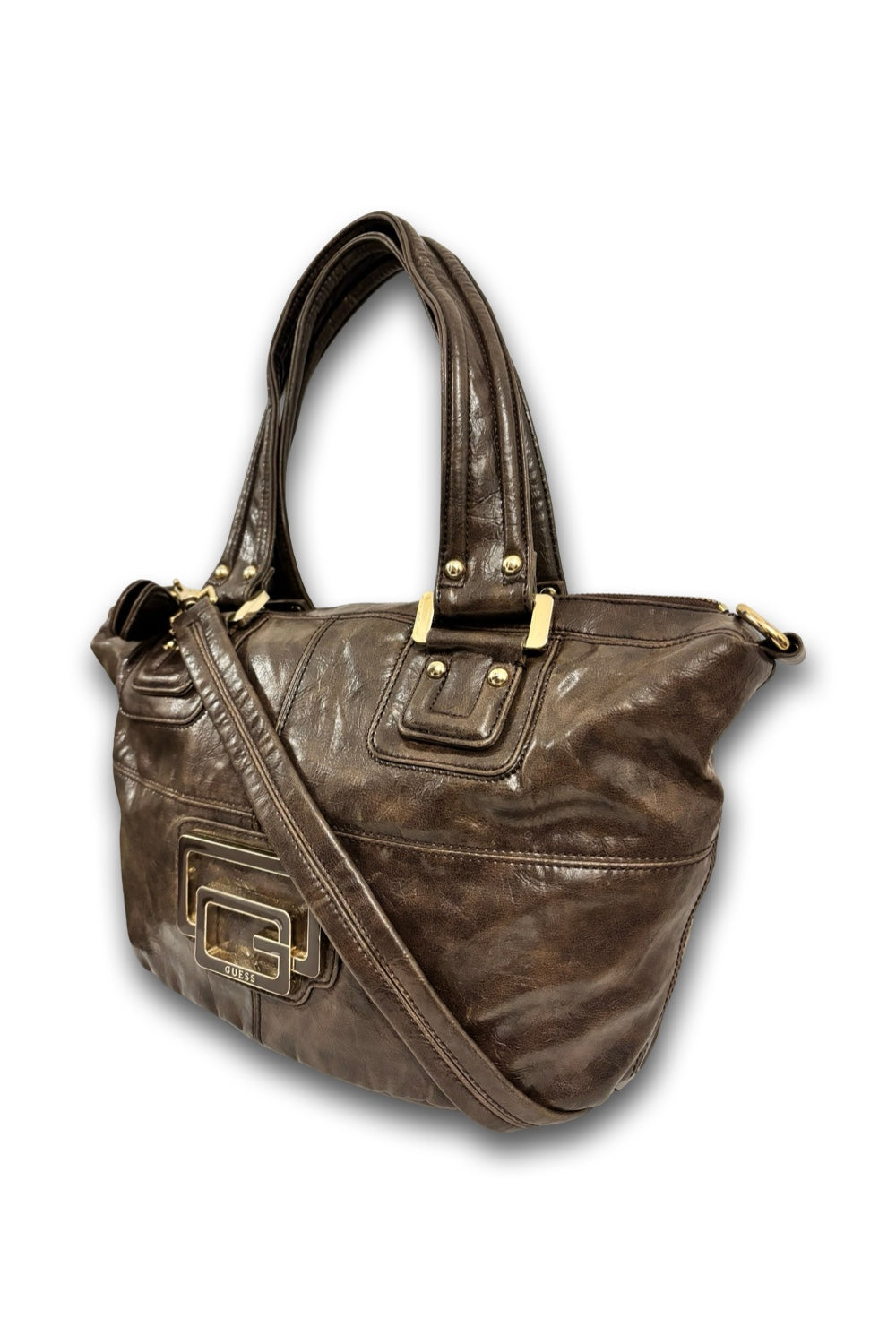 Guess Chocolate Brown Leather PVC XL Vintage Y2K Tote Shoulder Bag