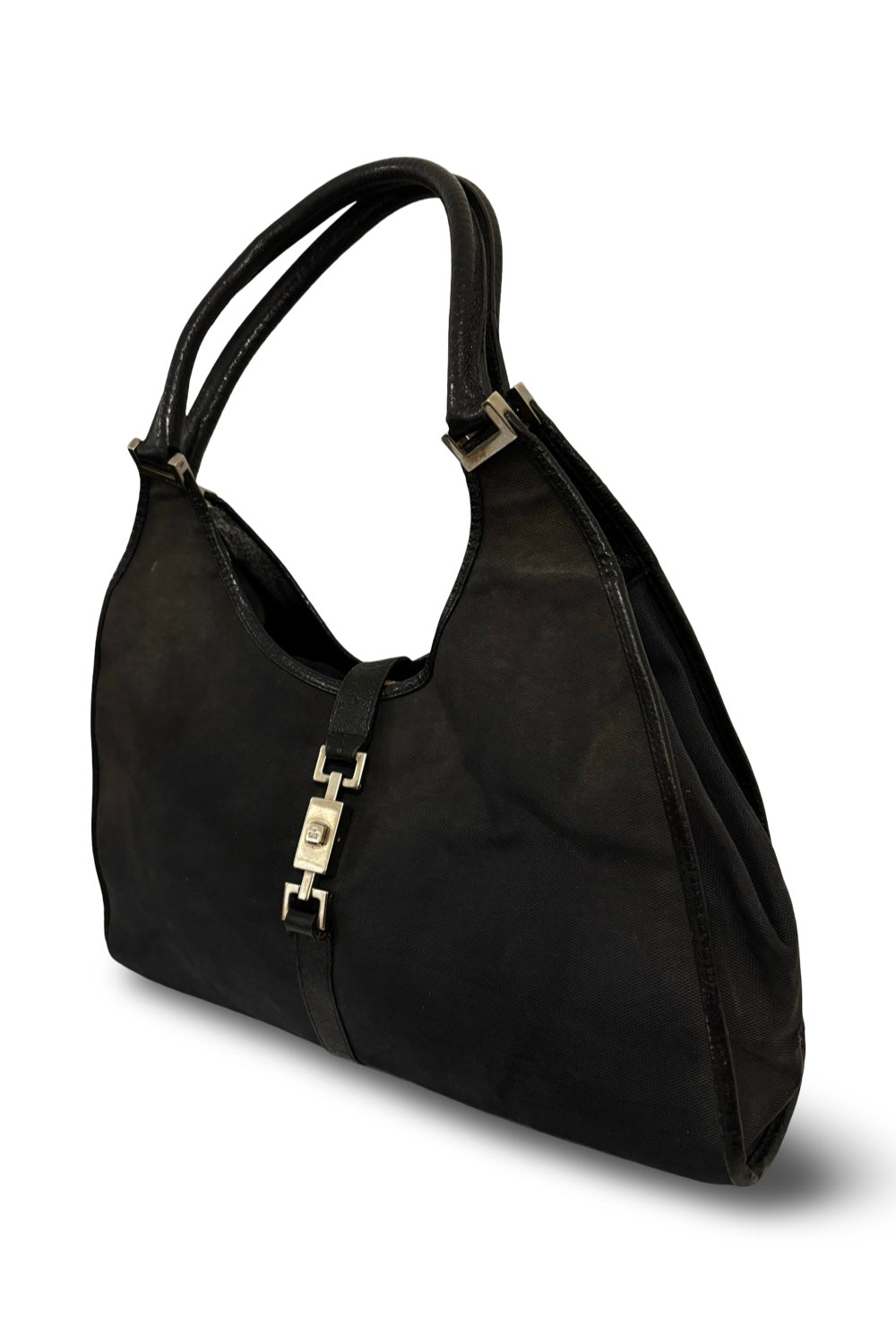 Gucci Jackie 1961 Black Canvas Vintage Bardot  Leather Trim Hobo Shoulder Bag