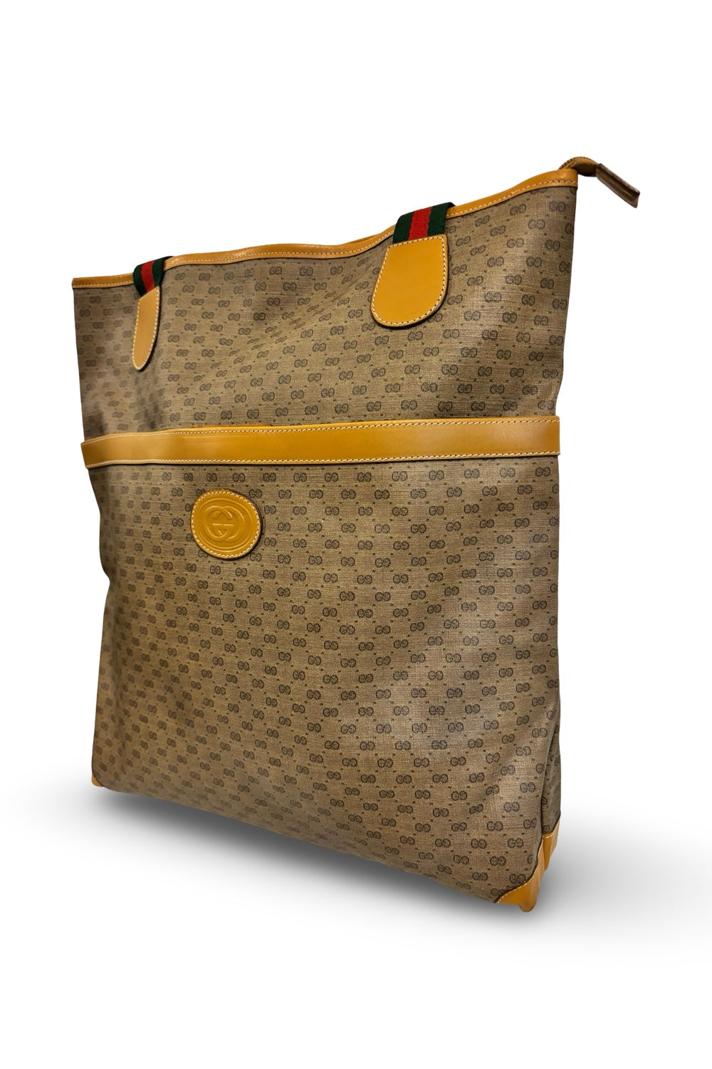 Gucci Vintage Micro GG Supreme Web Sherry Line Brown Beige Canvas & Leather Tote Shoulder Bag