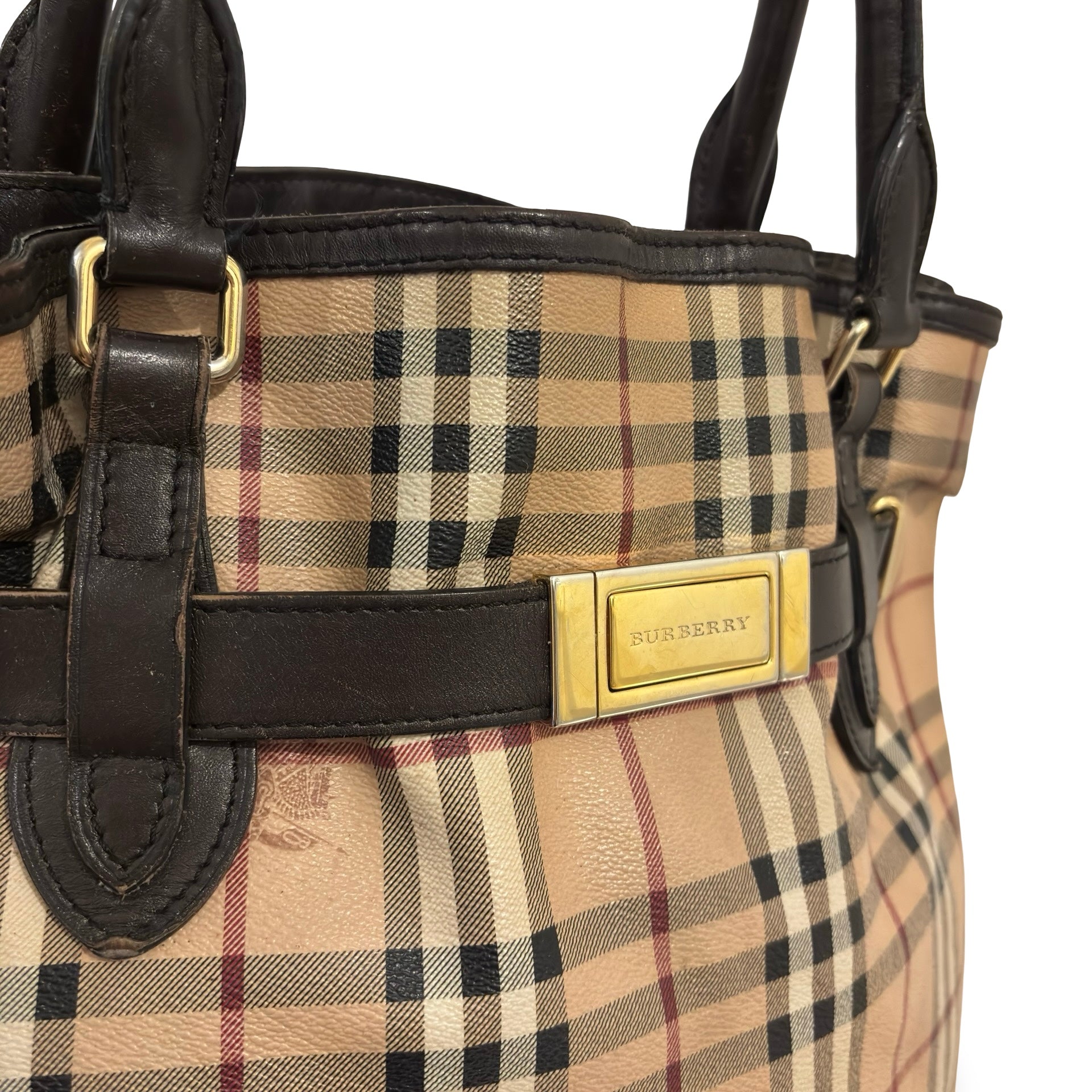 Burberry Brown & Beige Haymarket Golderton Check / Plaid Tote Vintage Shoulder Bag