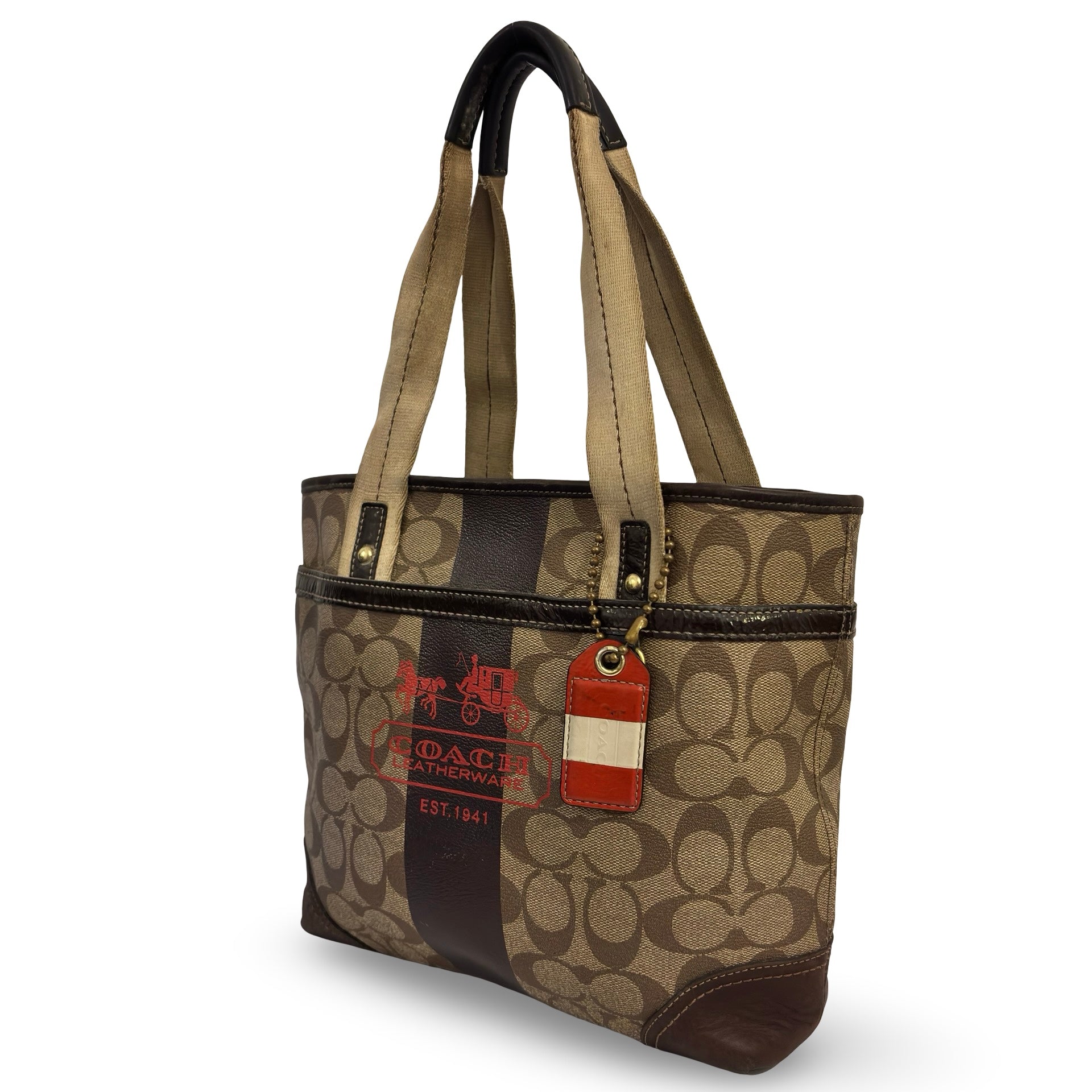 Coach Brown Heritage Signature Stripe Canvas & Leather Vintage Tote Shoulder Bag