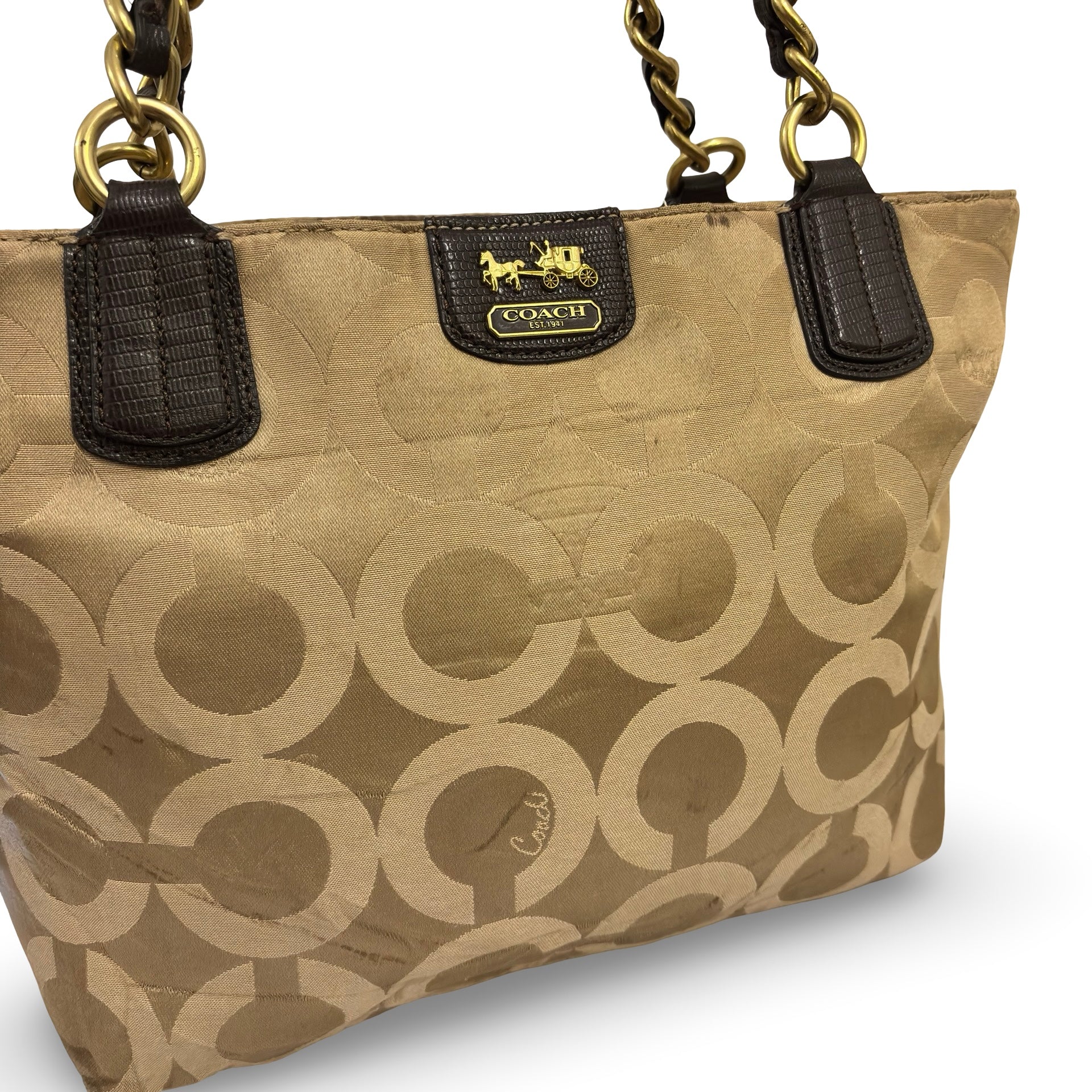 Coach Brown / Beige Madison OP Art Sateen Canvas & Leather Vintage Tote Shoulder Bag