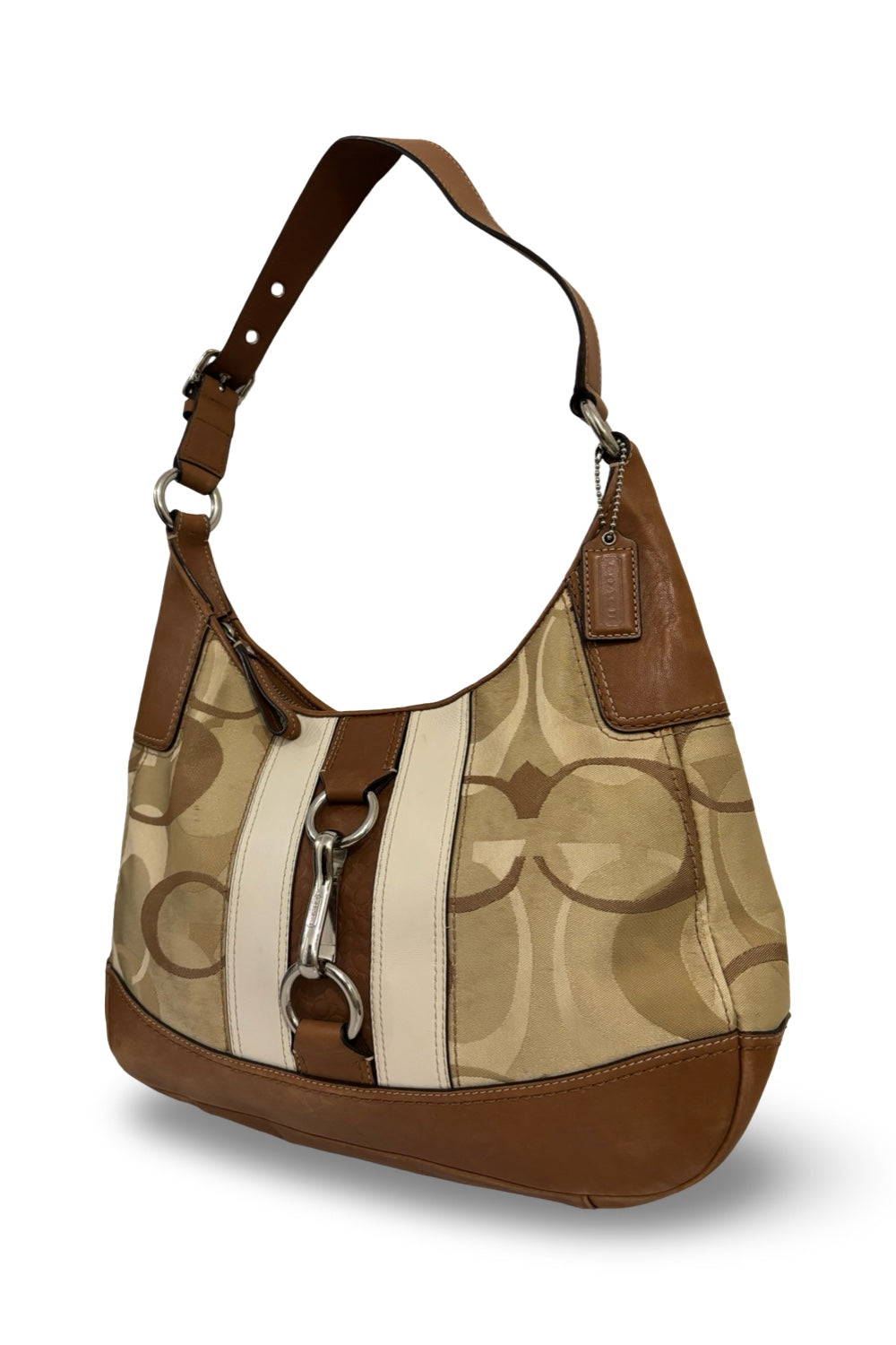 Coach Vintage Brown Signature Hampton Canvas Satin & Leather Hobo Shoulder Bag