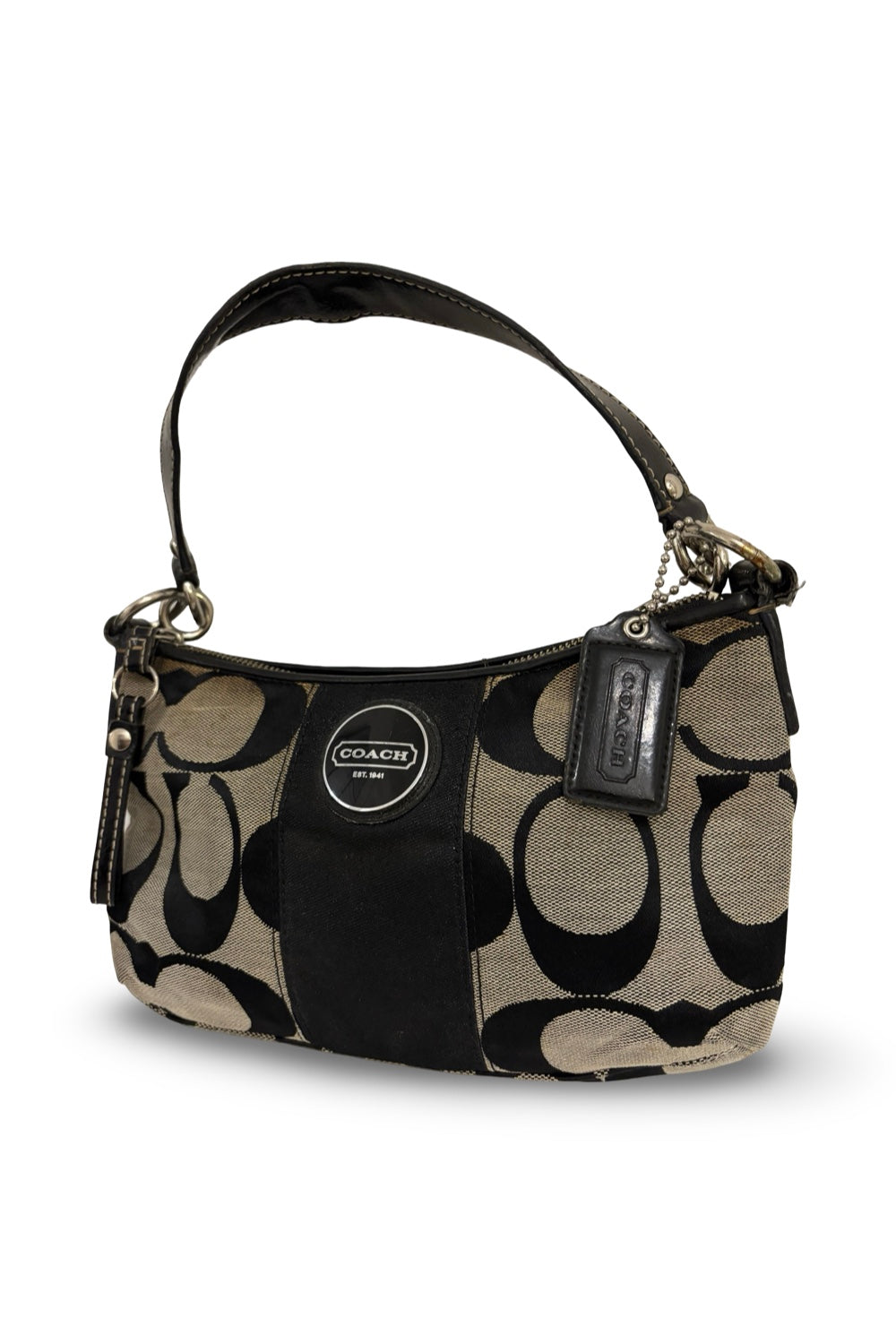 Coach Black & Grey Signature Stripe Sufflette Demi Baguette Vintage Shoulder Bag